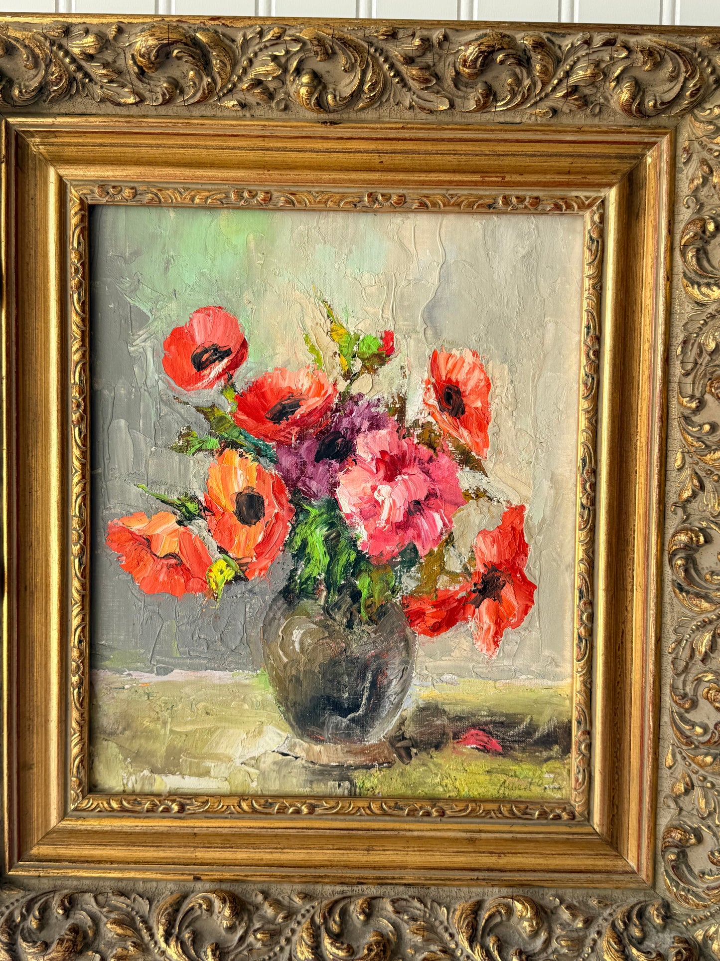 Red Floral Oil Painting, 18”