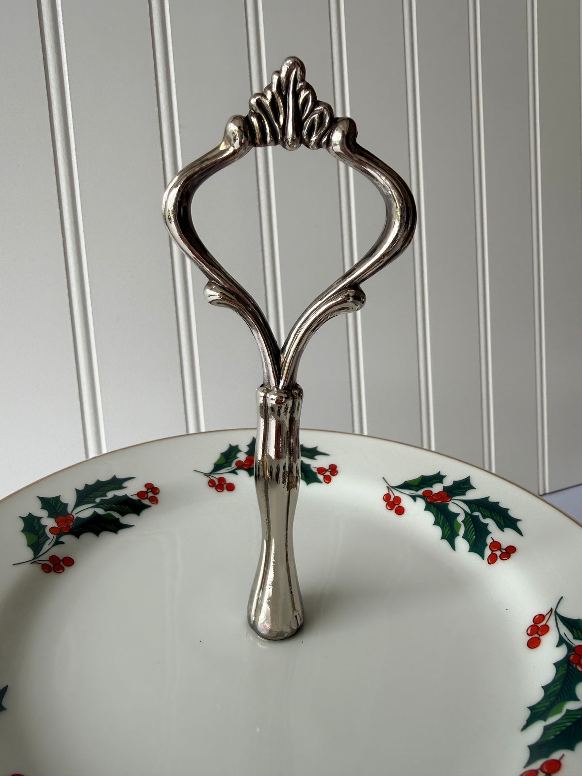 Vintage Christmas Holly Berry Pedestal Serving Plate Display