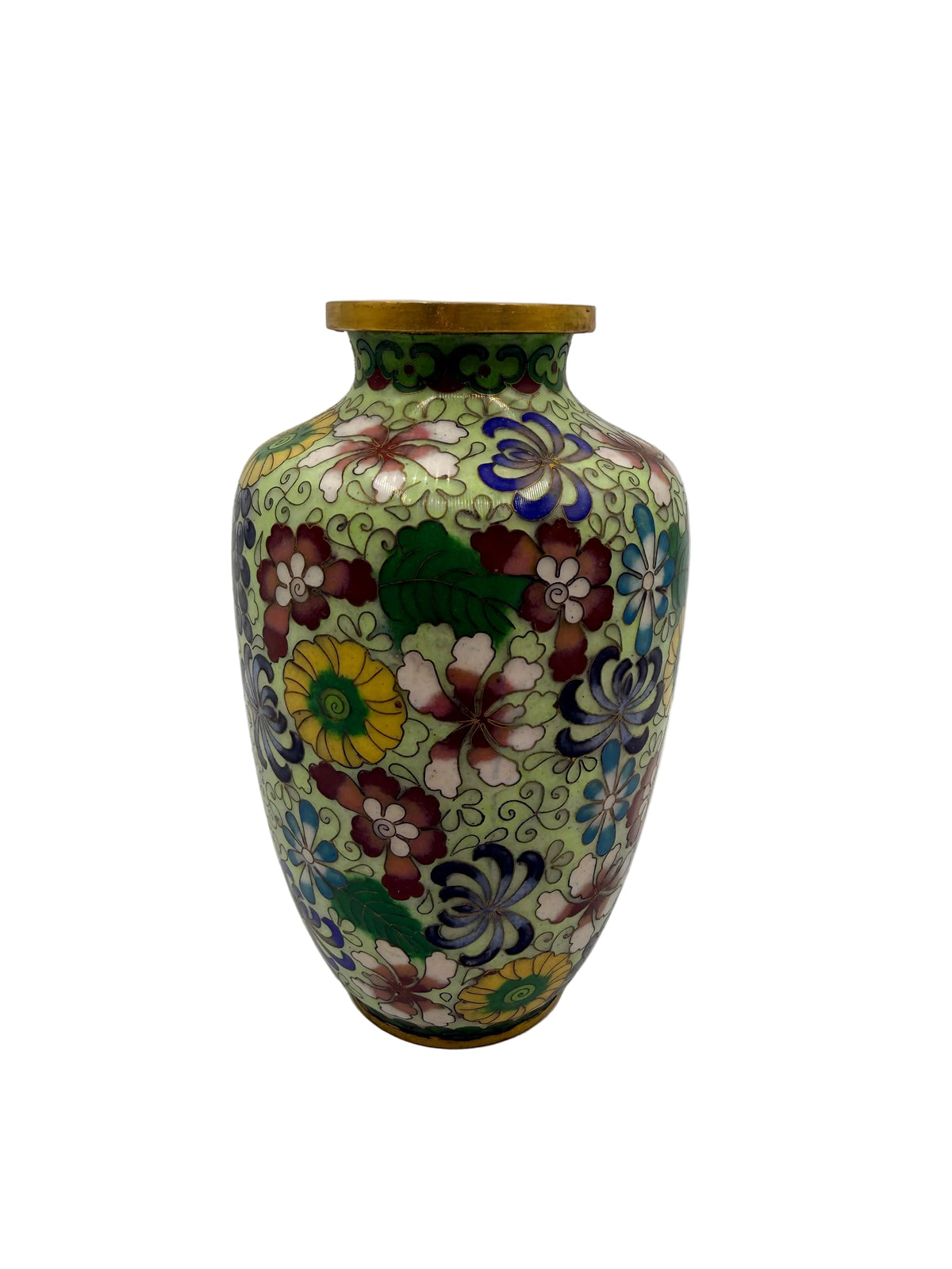 A traditional Chinese cloisonne enamel vase with a floral pattern on a light green background, featuring gold-toned trim at the rim and base, set against a plain white studio background.