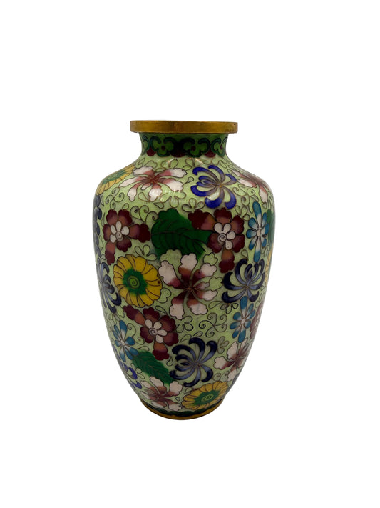 A traditional Chinese cloisonne enamel vase with a floral pattern on a light green background, featuring gold-toned trim at the rim and base, set against a plain white studio background.