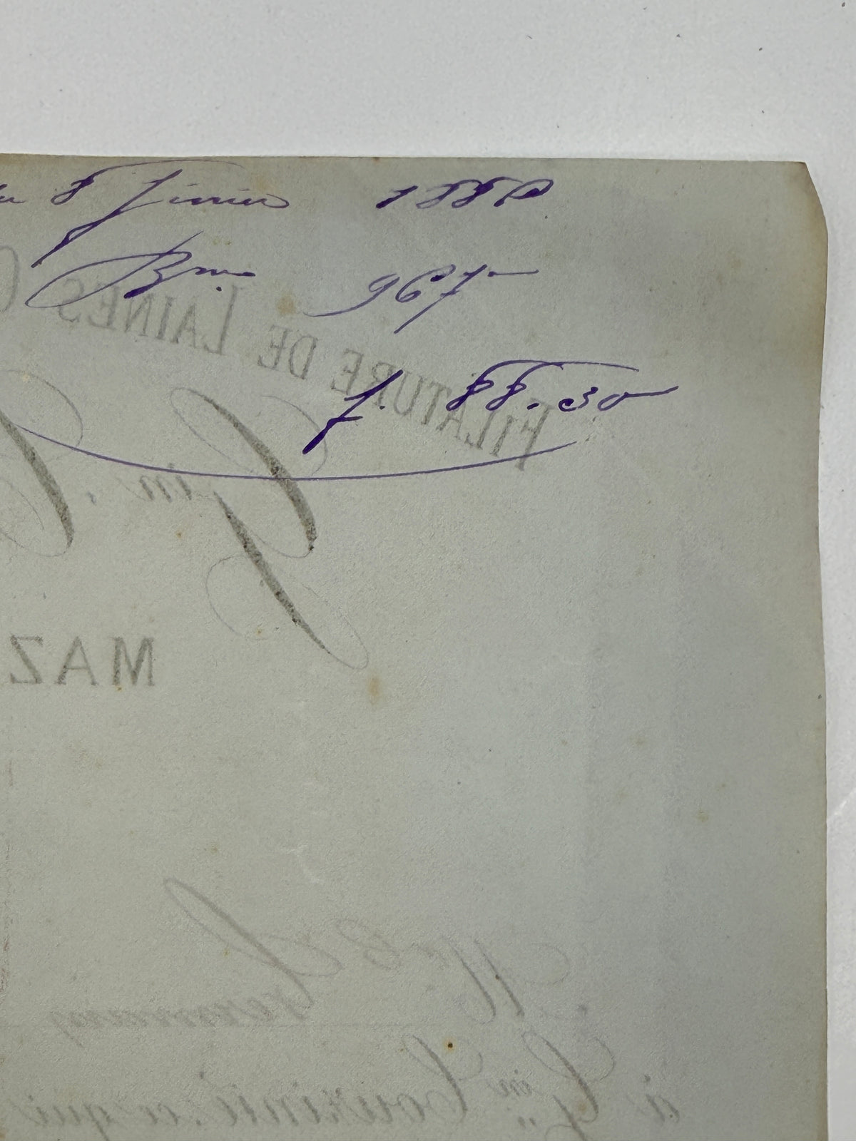French Antique Blue Tone Invoice, 1886
