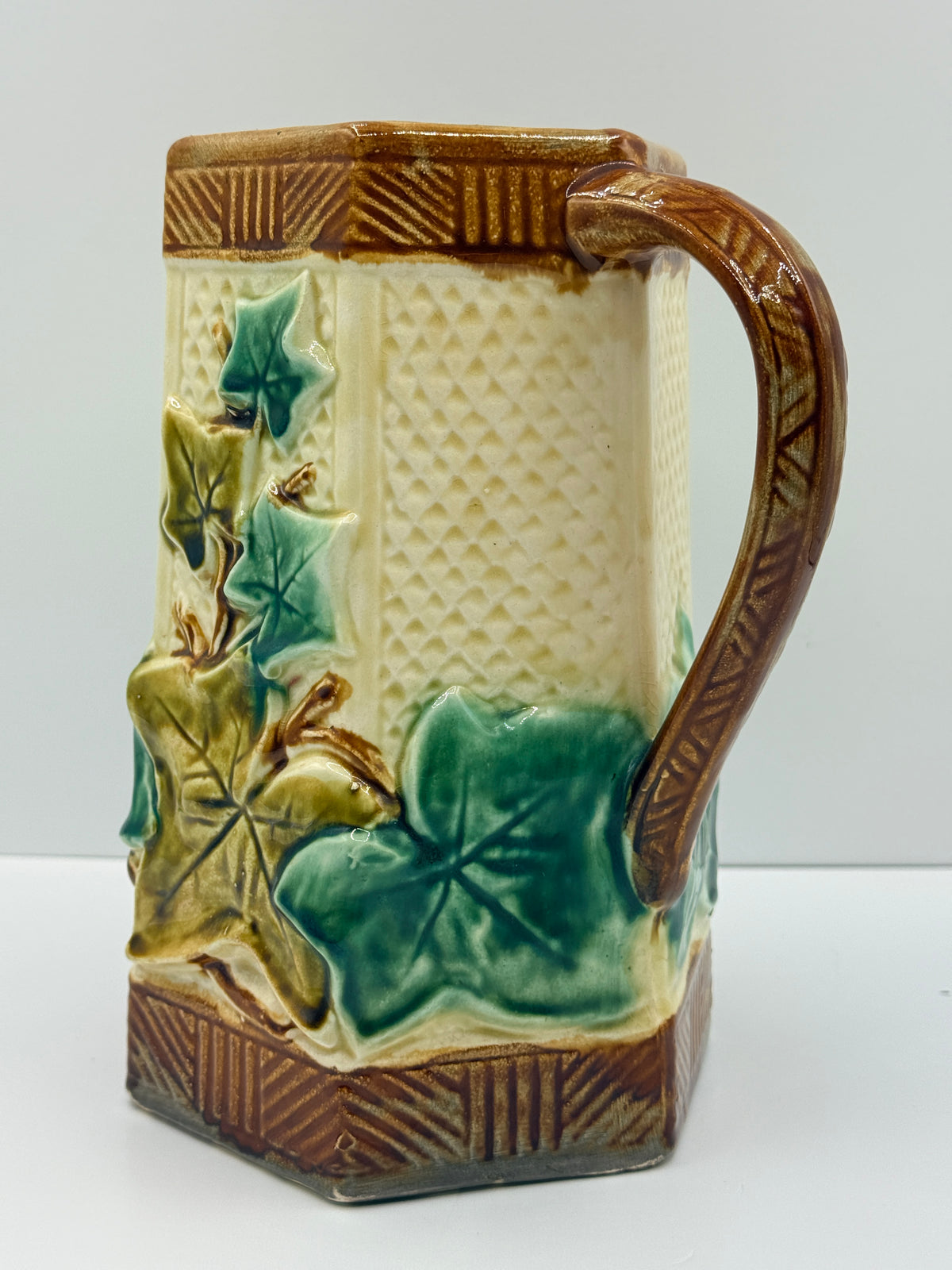 French Onnaing Majolica Leaf Pitcher