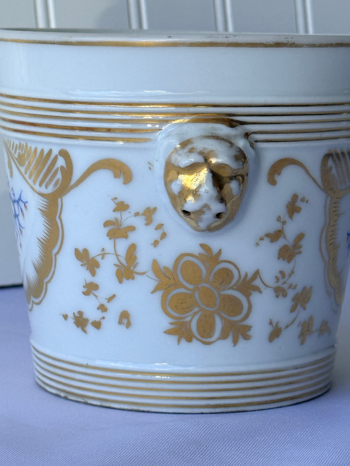 French Porcelain Jardinere or Cache Pot with Lion Mask Handles