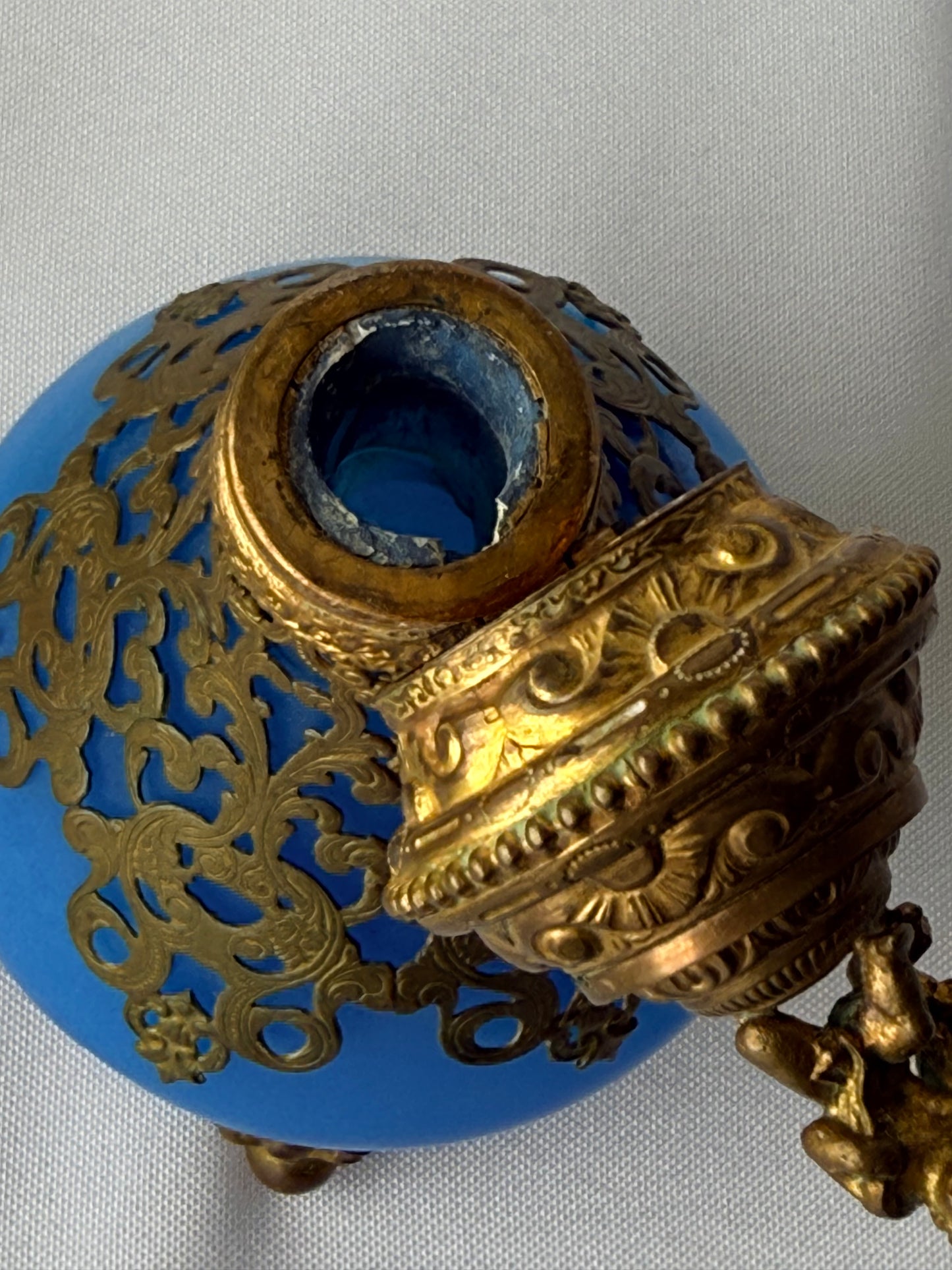 Antique French Royal Palais Blue Opaline Ormolu Glass Perfume Bottle