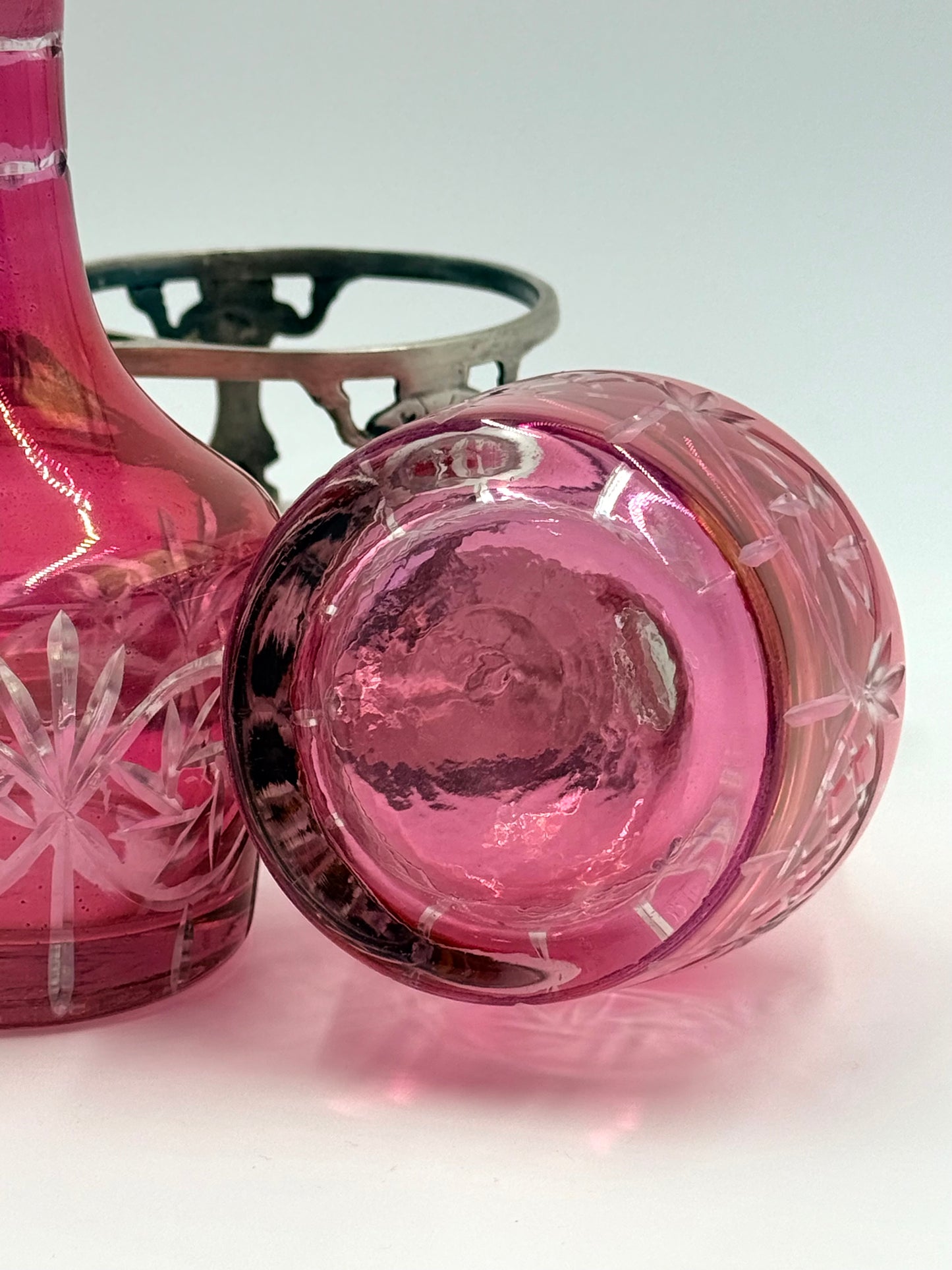Pink Cranberry Glass Decanters on Stand