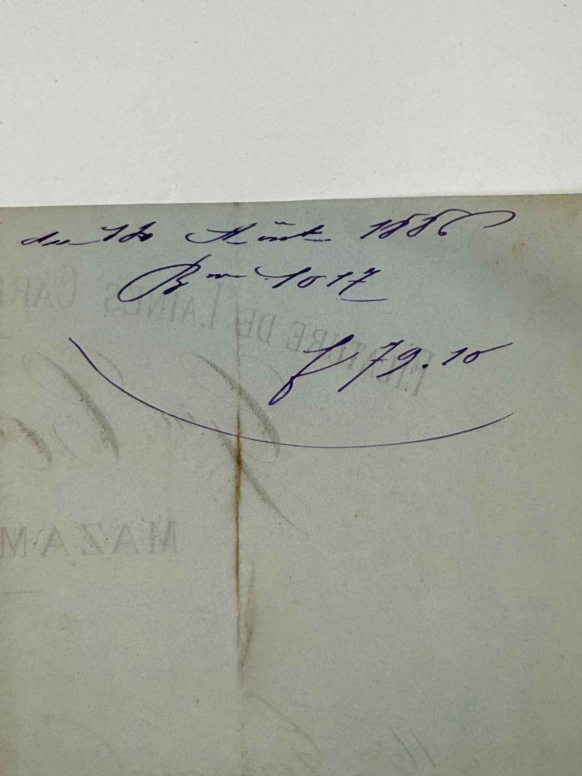French Antique Blue Tone Invoice, 1886