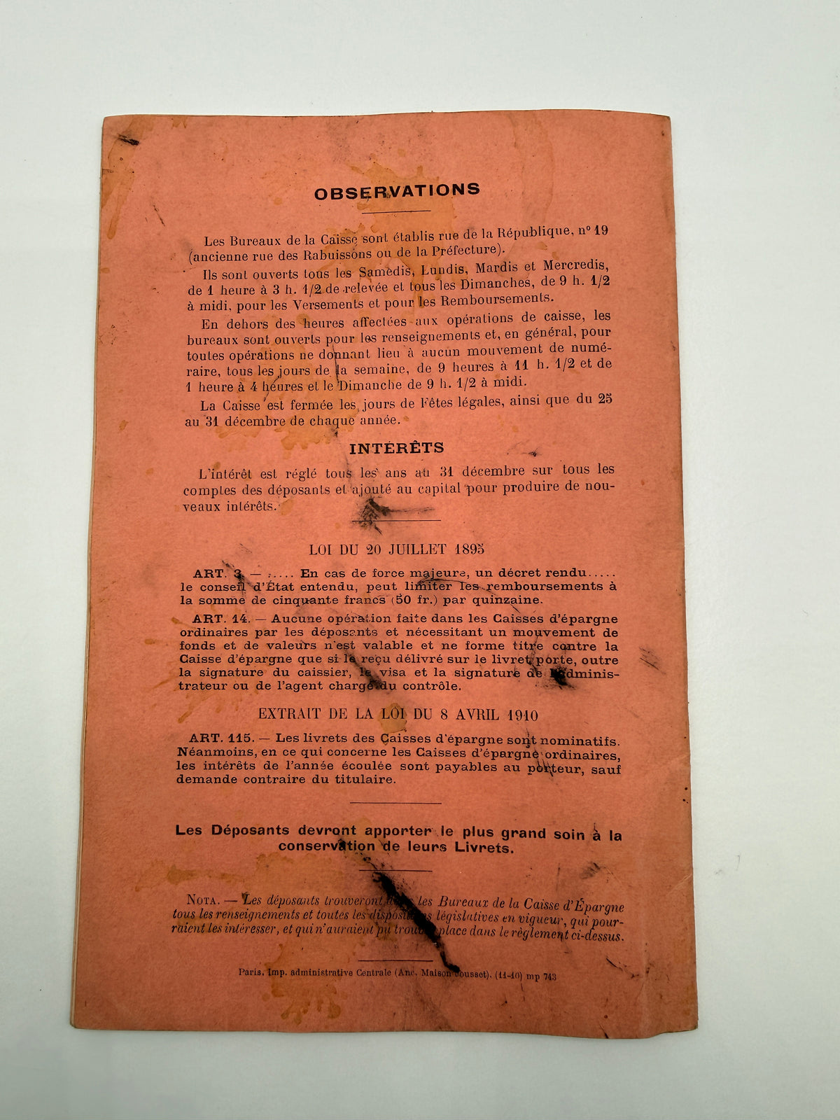 Vintage French Pink Paper Bank Booklet for Account Transactions