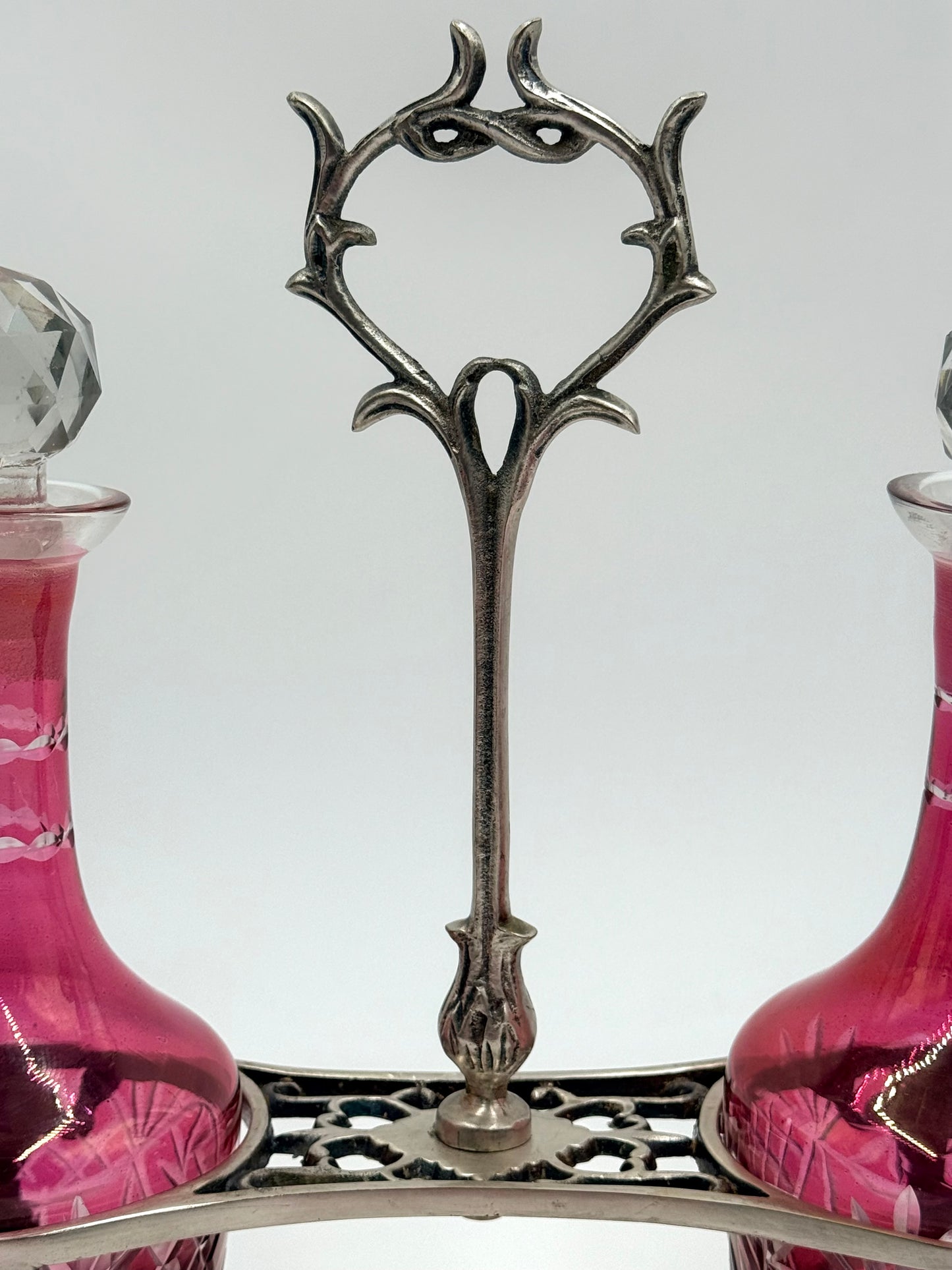 Pink Cranberry Glass Decanters on Stand