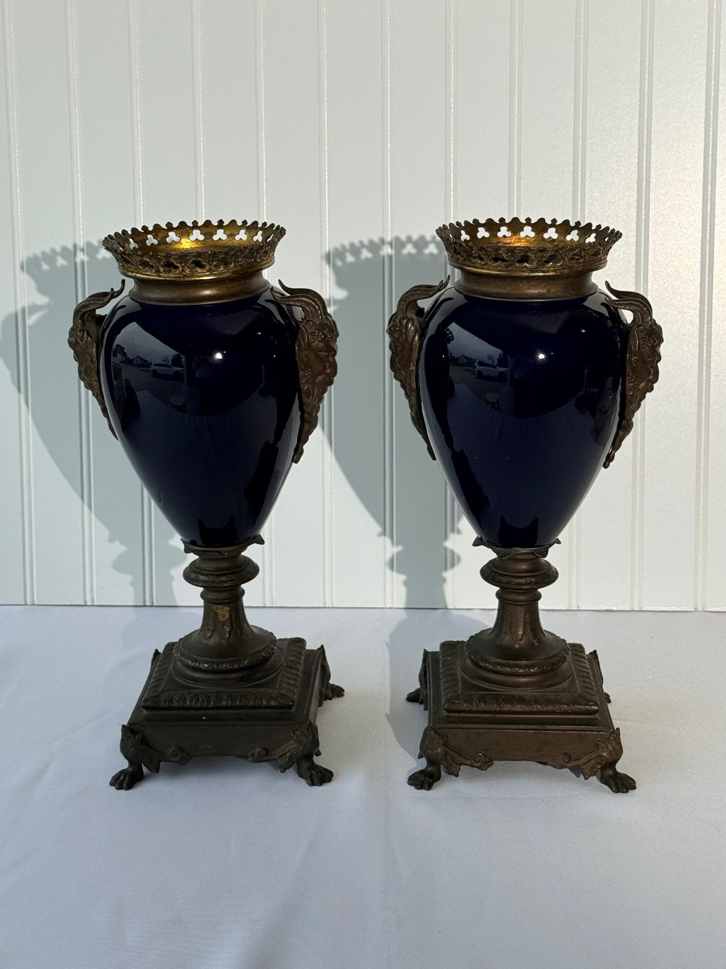 Neoclassical Cobalt Blue Urns on Footings with Bronze Faces, 14”