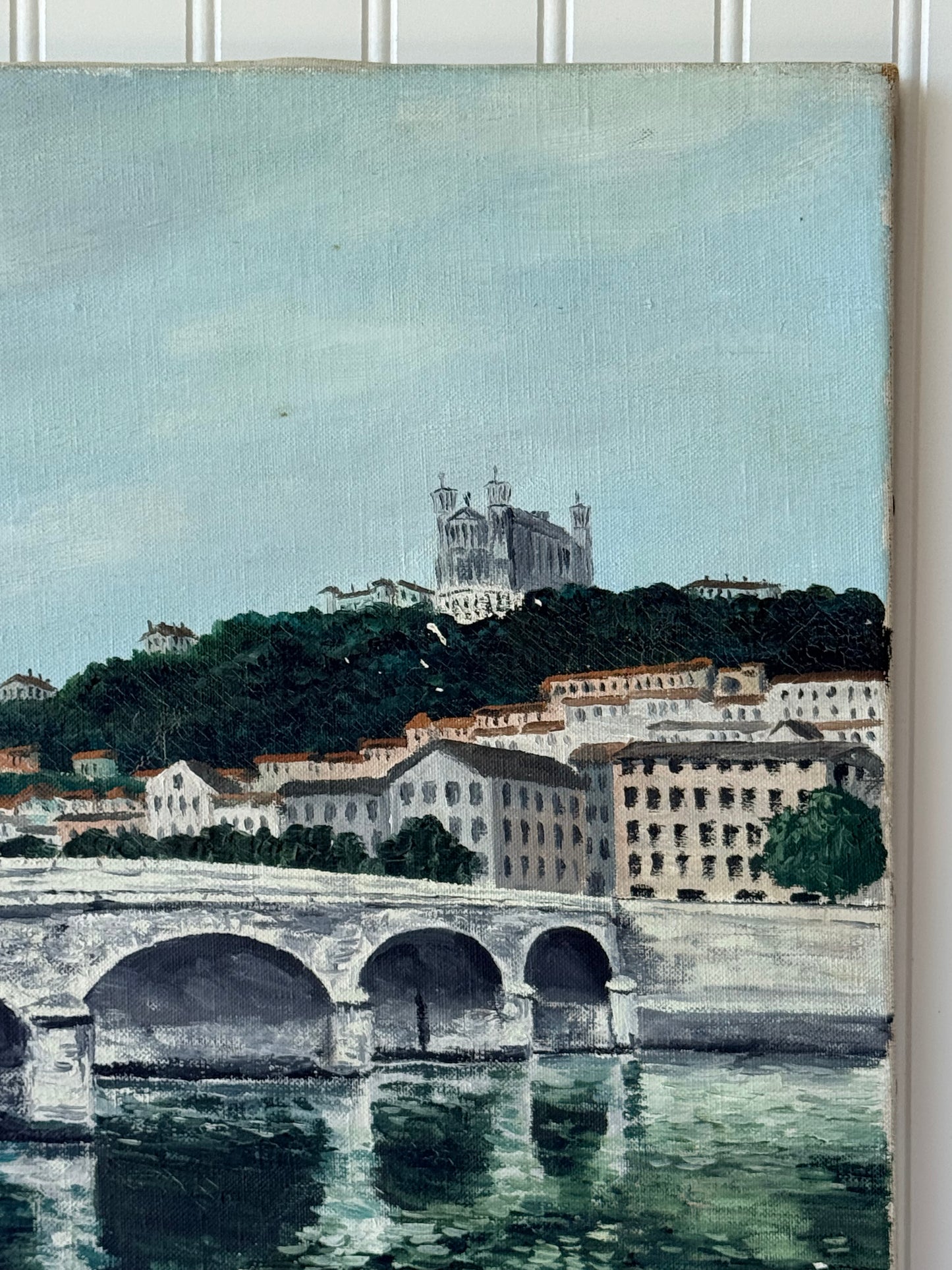 Vintage French Oil Painting Lyon Tilsit Bridge & Saône River, 18”