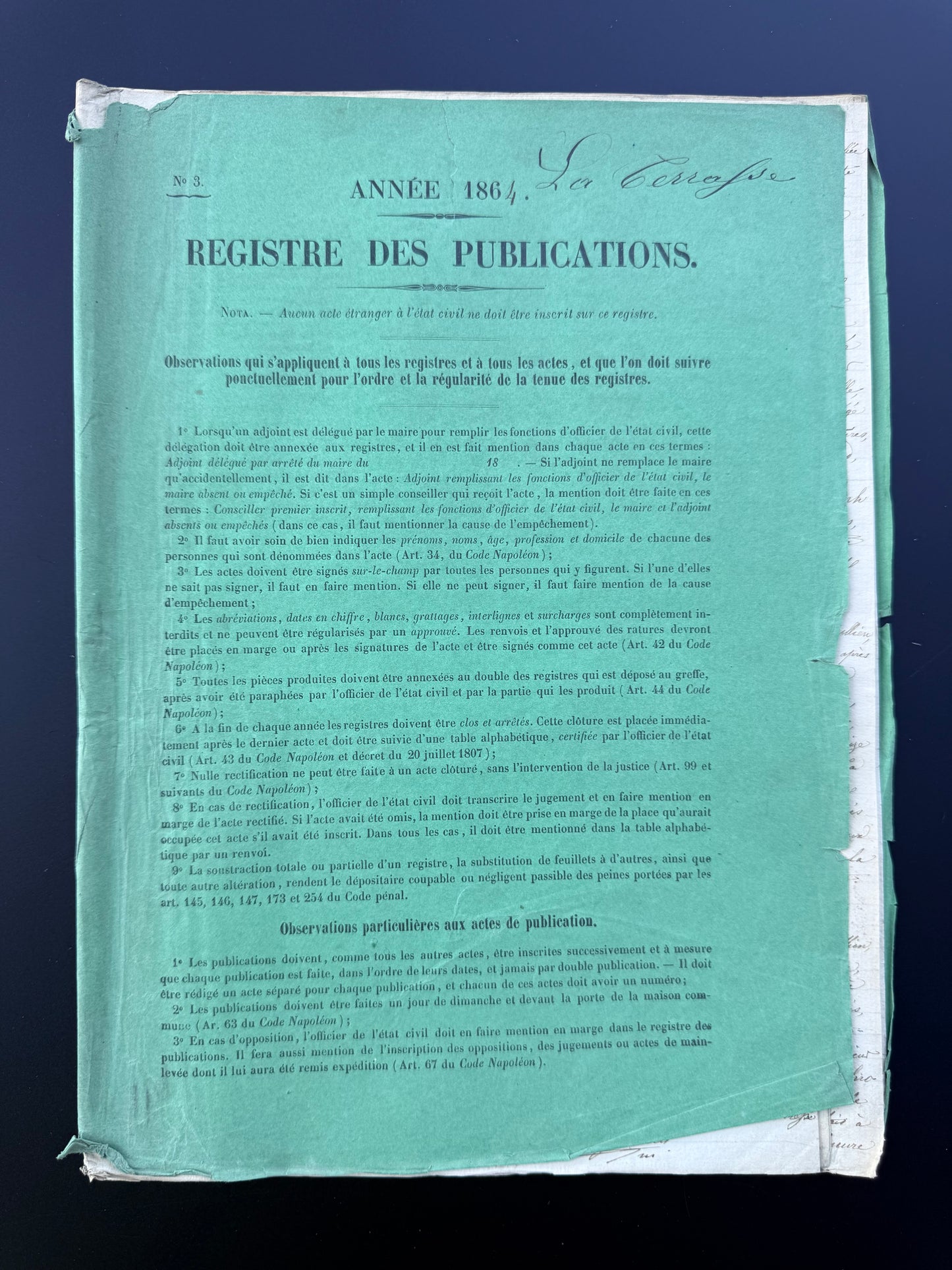 French Handwritten Multi-Page Registrar Document, 1864