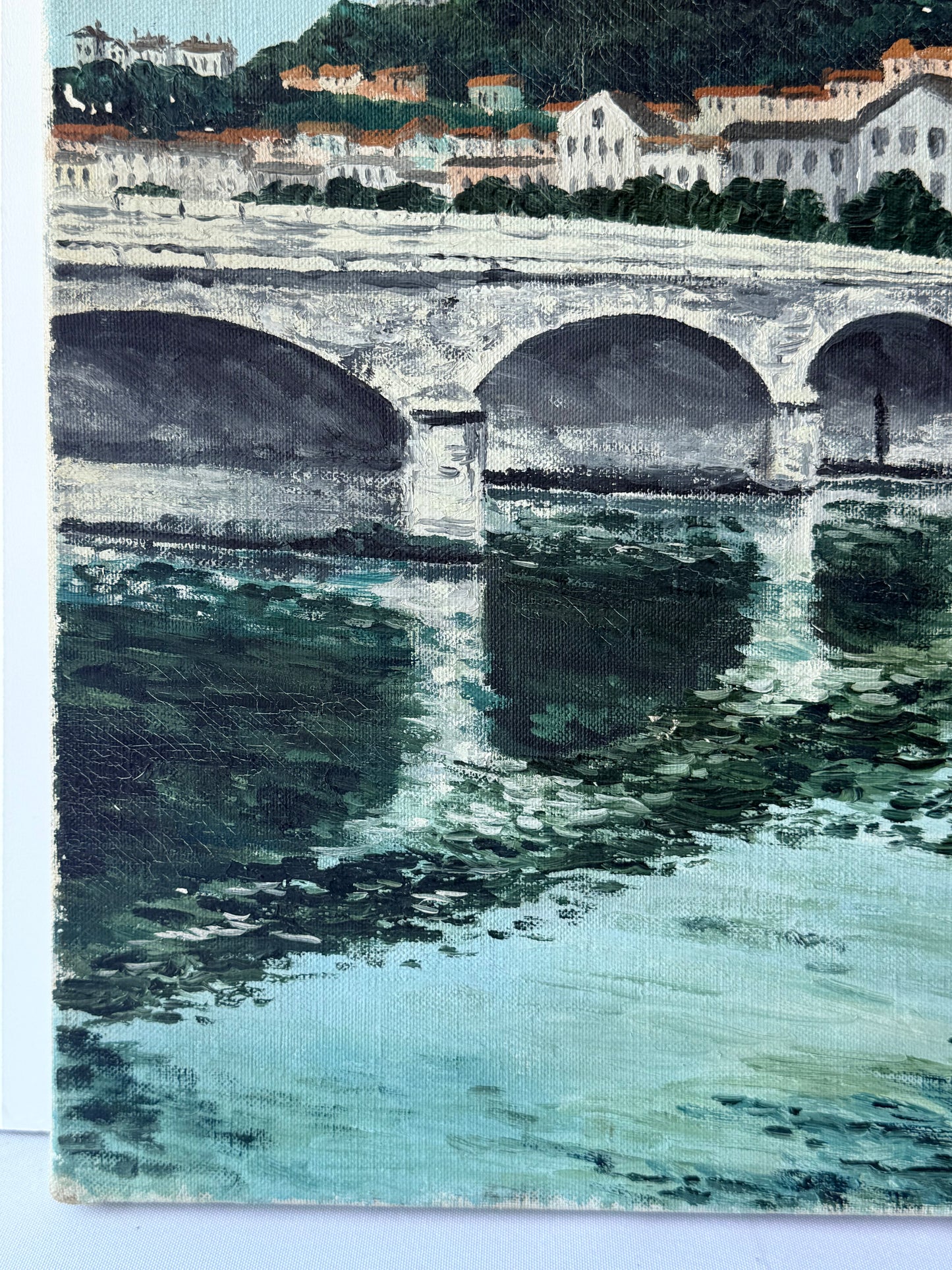Vintage French Oil Painting Lyon Tilsit Bridge & Saône River, 18”