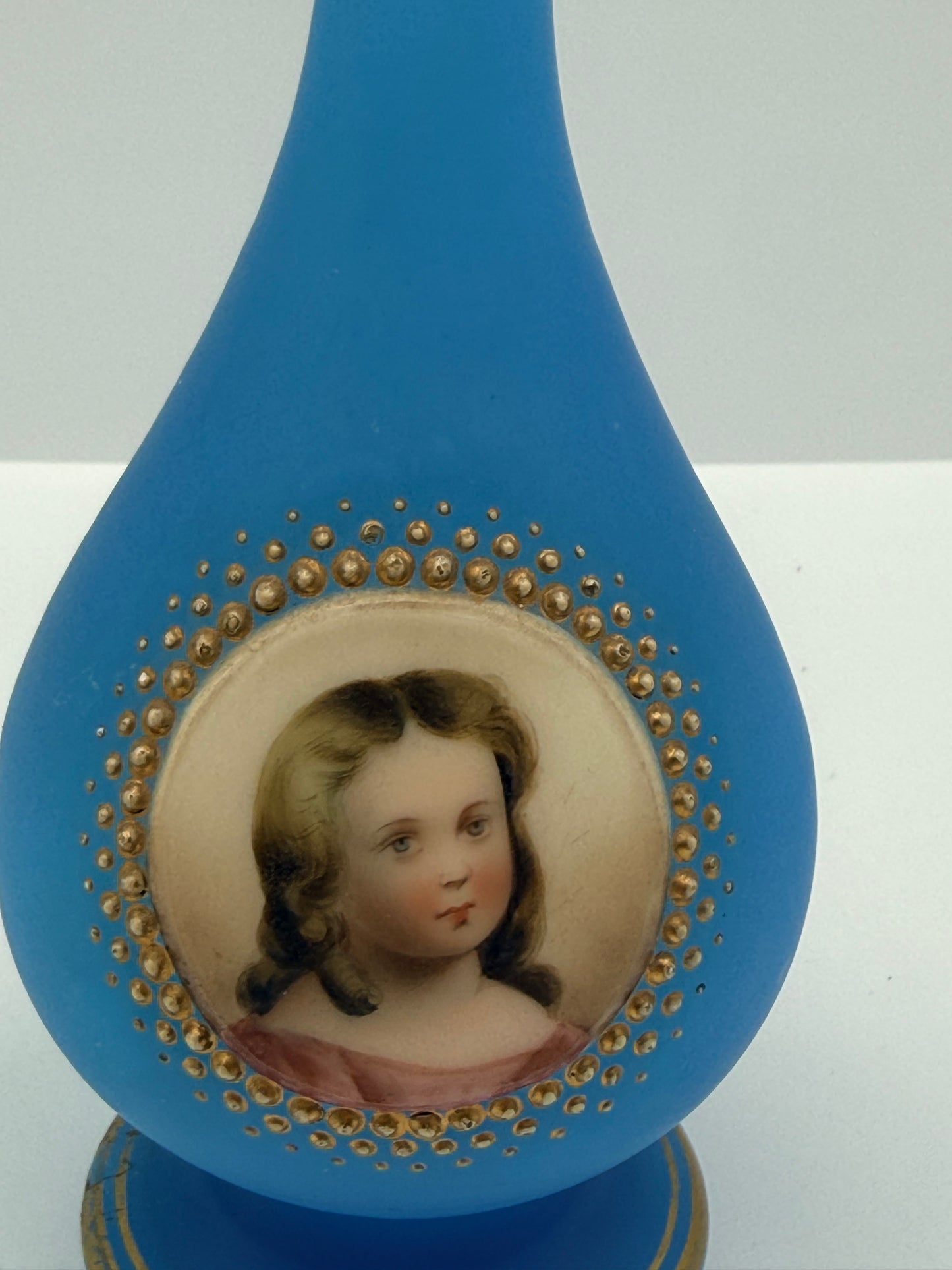 Vintage Blue Opaline Vase with Child Portrait