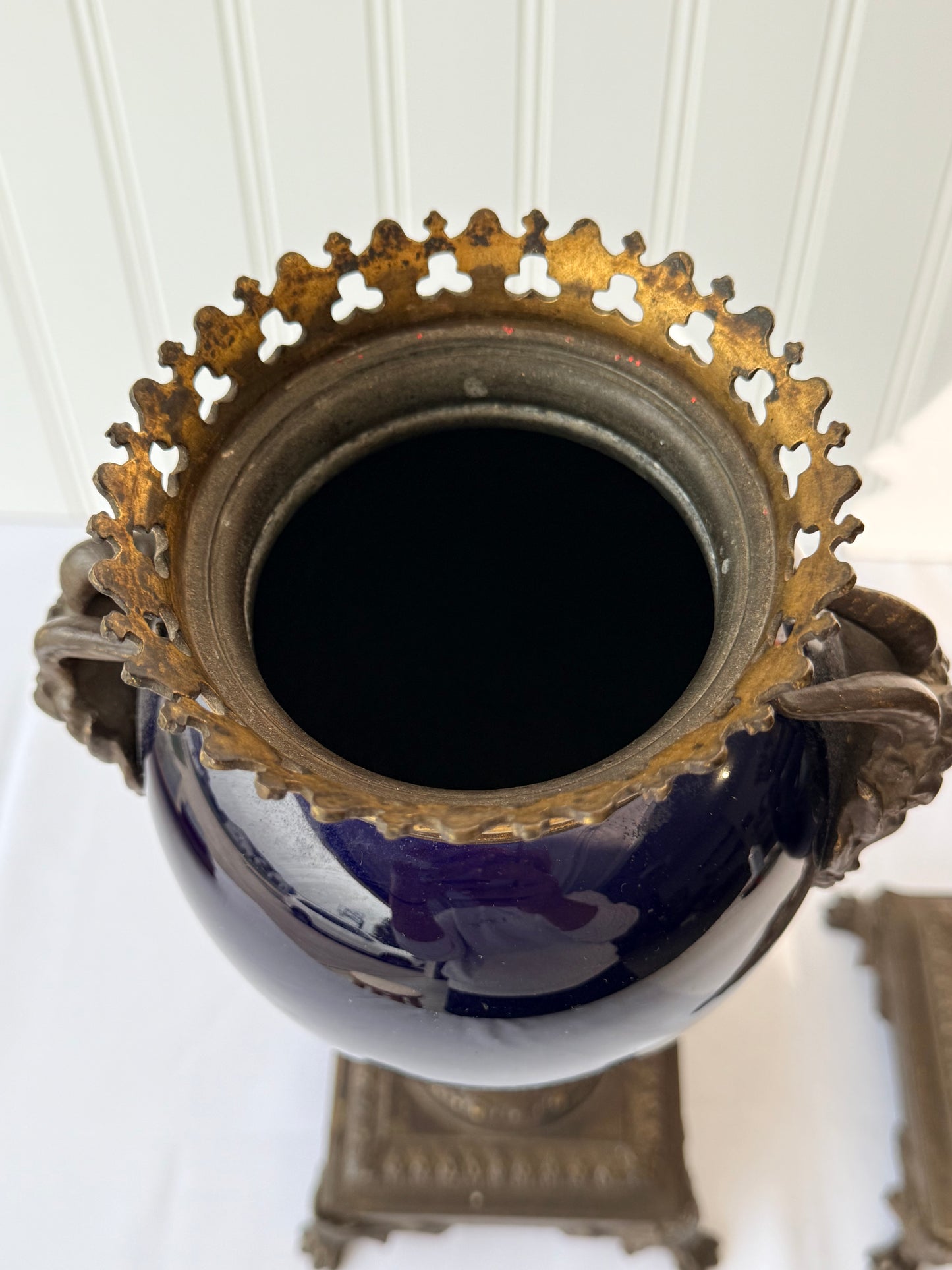 Neoclassical Cobalt Blue Urns on Footings with Bronze Faces, 14”