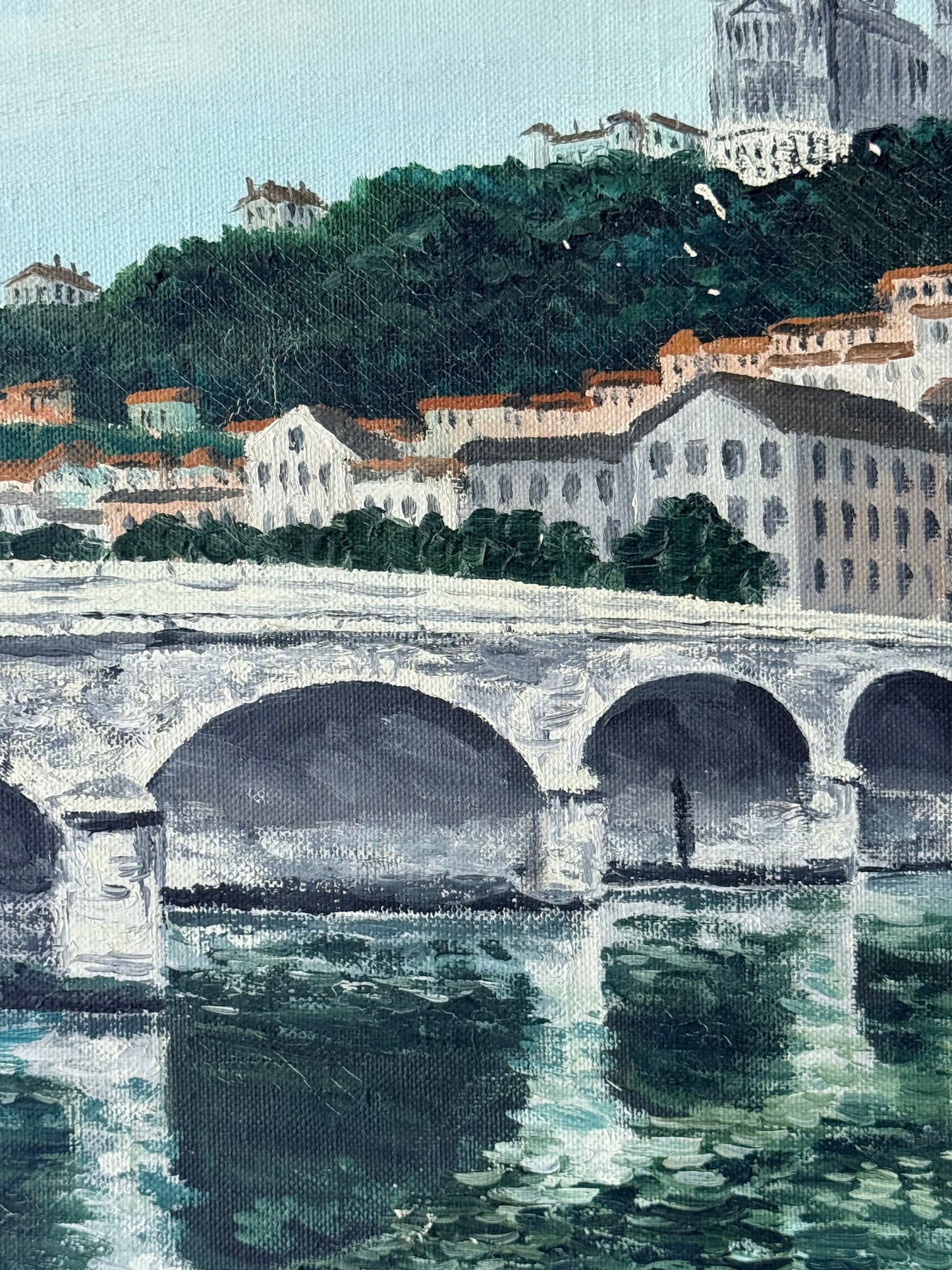Vintage French Oil Painting Lyon Tilsit Bridge & Saône River, 18”