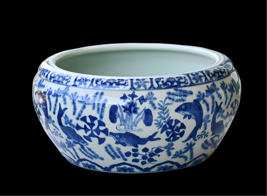 Blue and White Large Porcelain Bowl with Fish