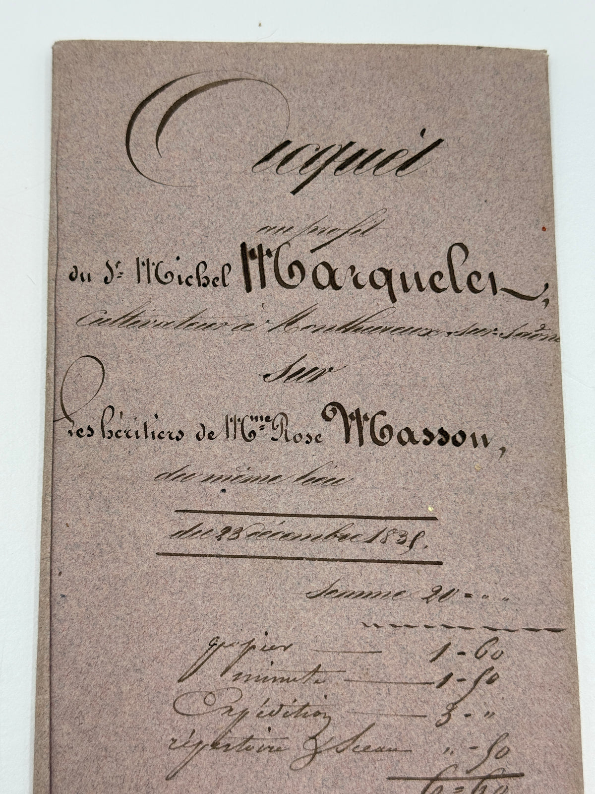 French Handwritten Antique Document with Purple Paper Cover