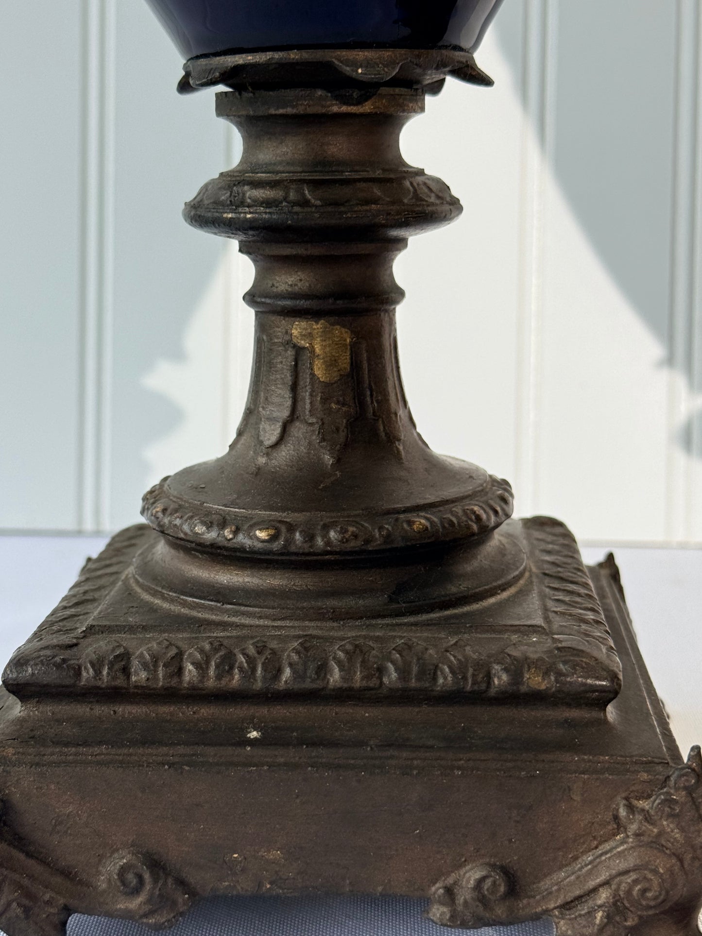 Neoclassical Cobalt Blue Urns on Footings with Bronze Faces, 14”