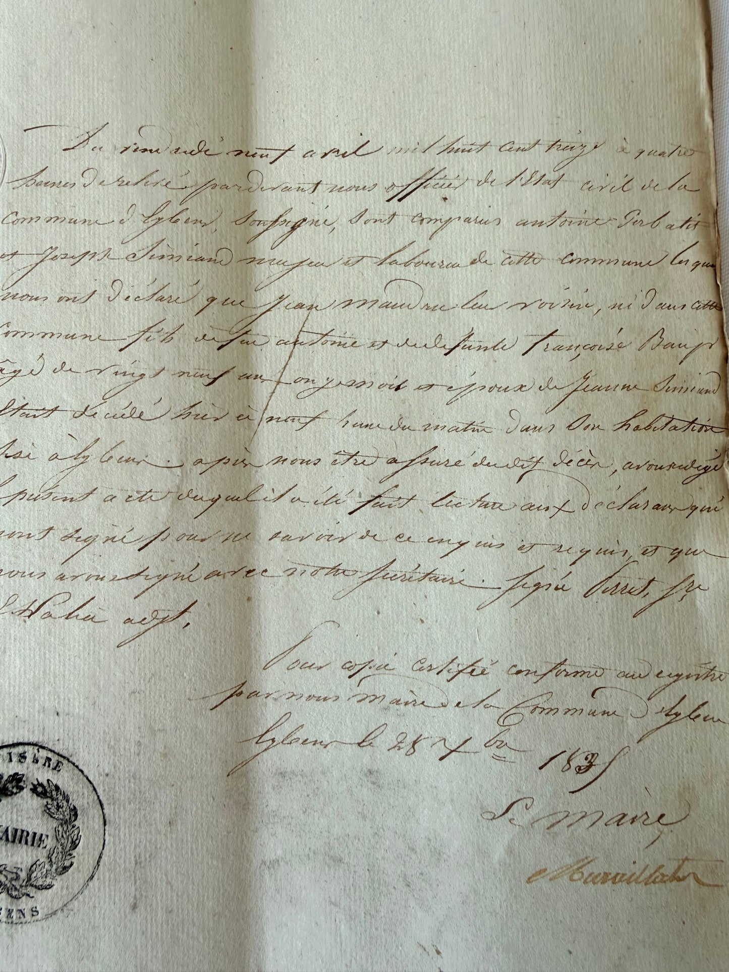 French Handwritten City Hall Document, 1838, Grenoble