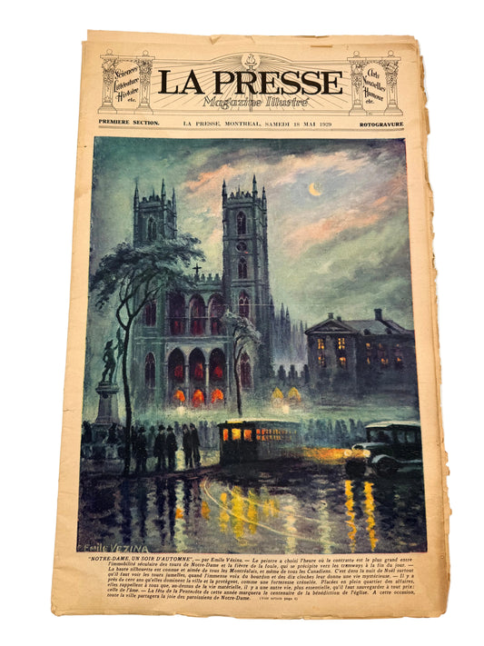 Vintage newspaper with a large illustration of a cathedral at night on a white background