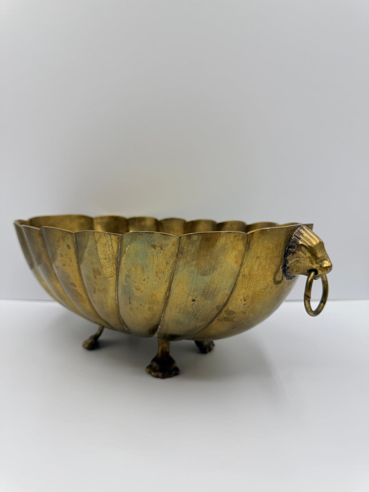 Brass Footed Bowl with Lion Mask Handles, 13"