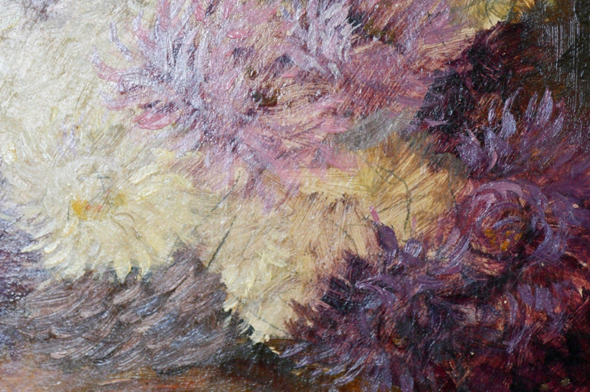 Close-up of a textured floral painting with warm colors