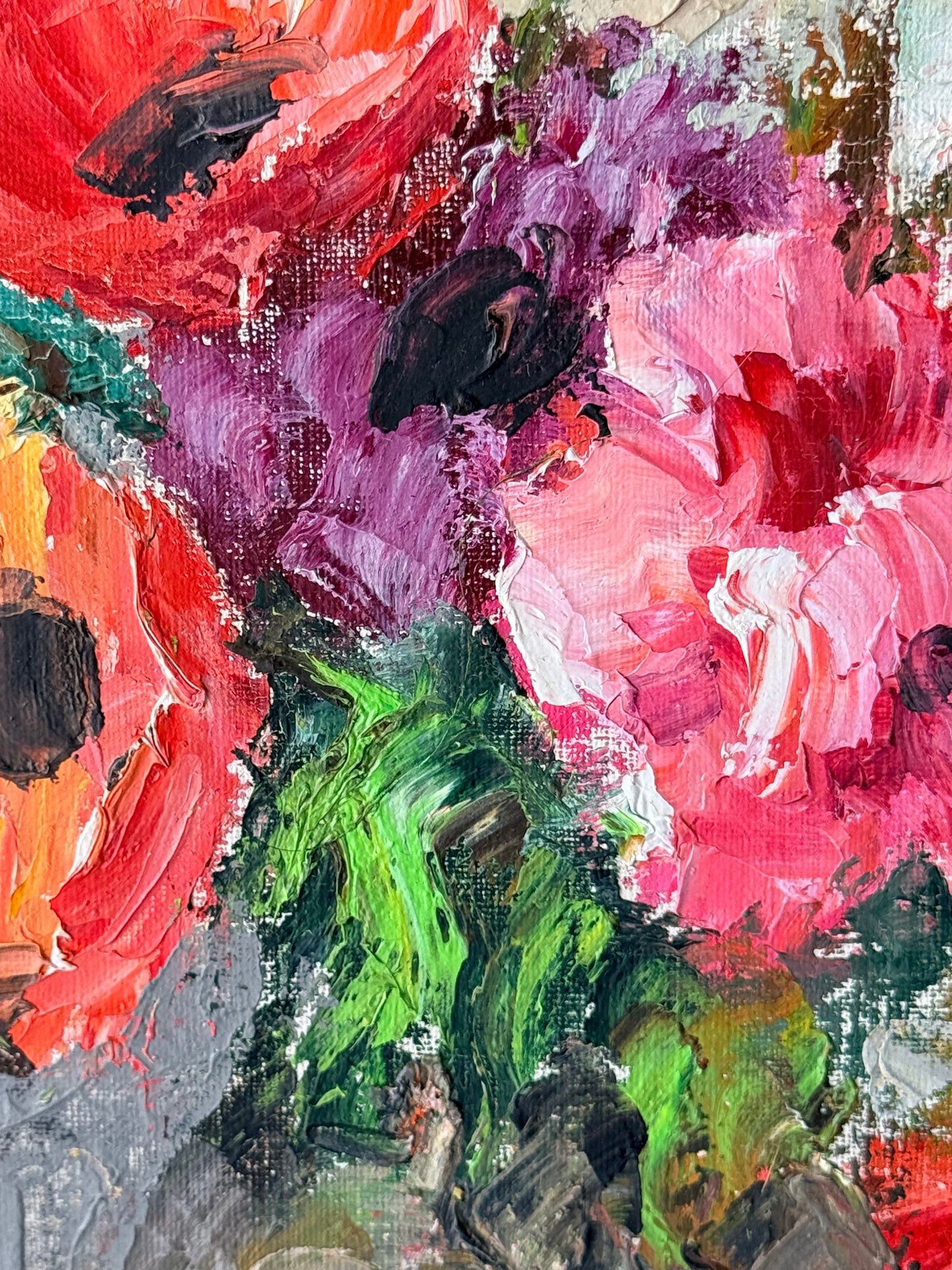 Red Floral Oil Painting, 18”