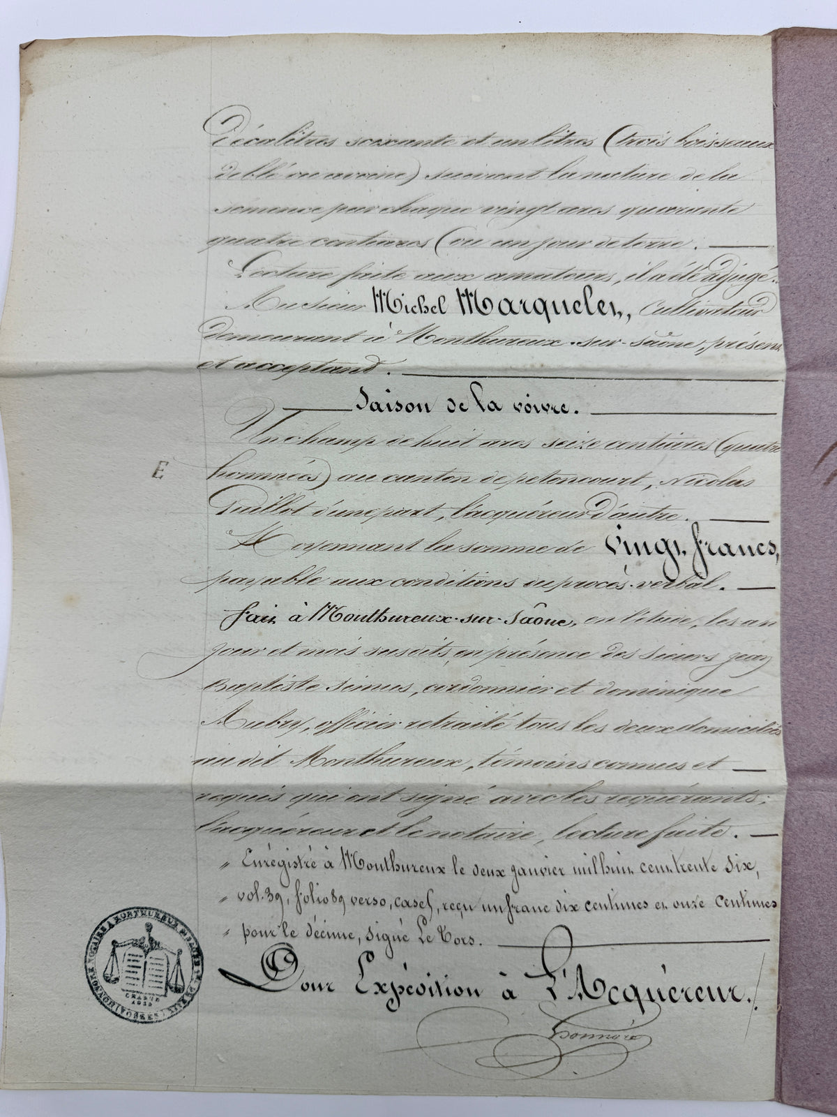 French Handwritten Antique Document with Purple Paper Cover