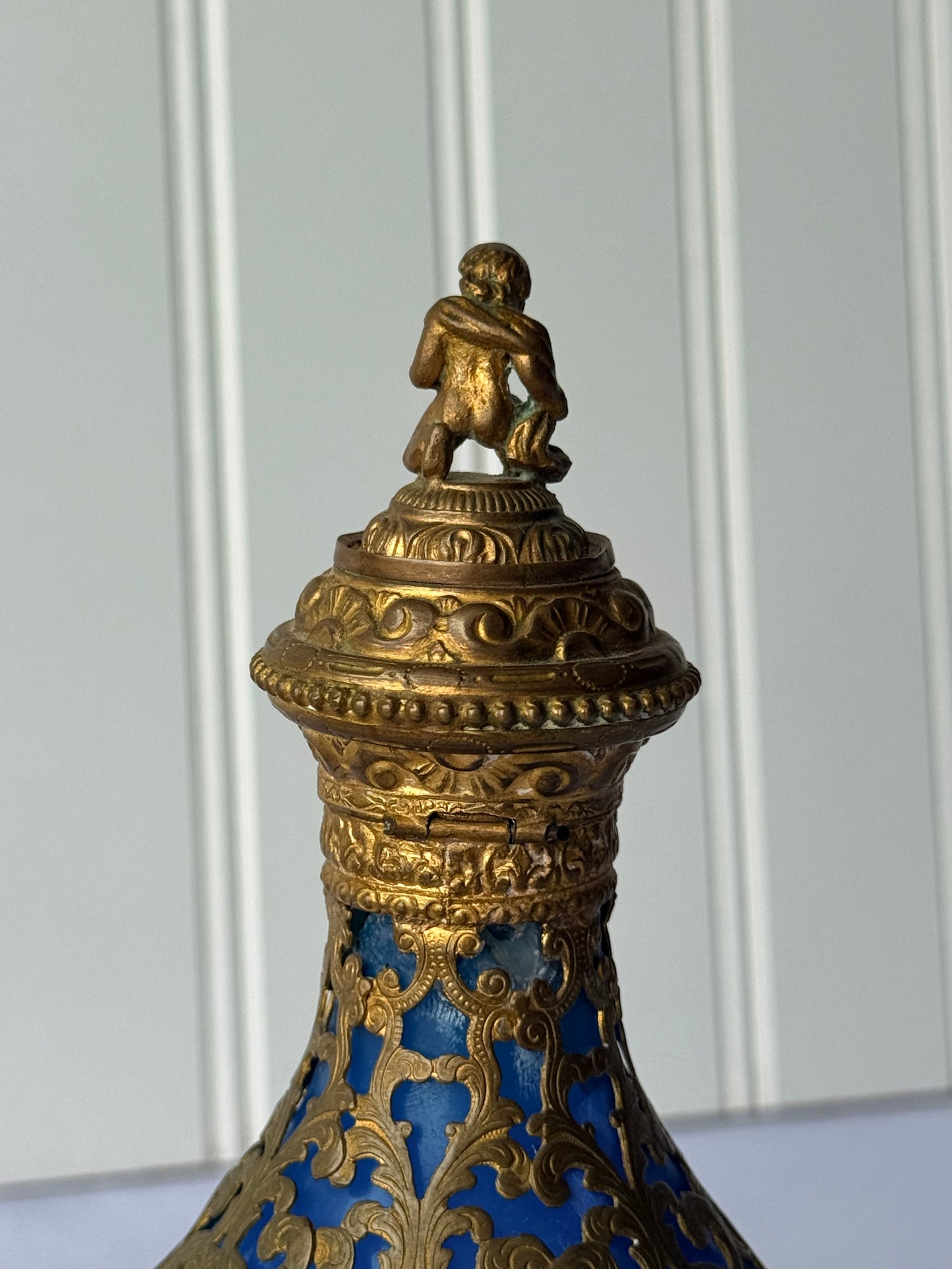Antique French Royal Palais Blue Opaline Ormolu Glass Perfume Bottle