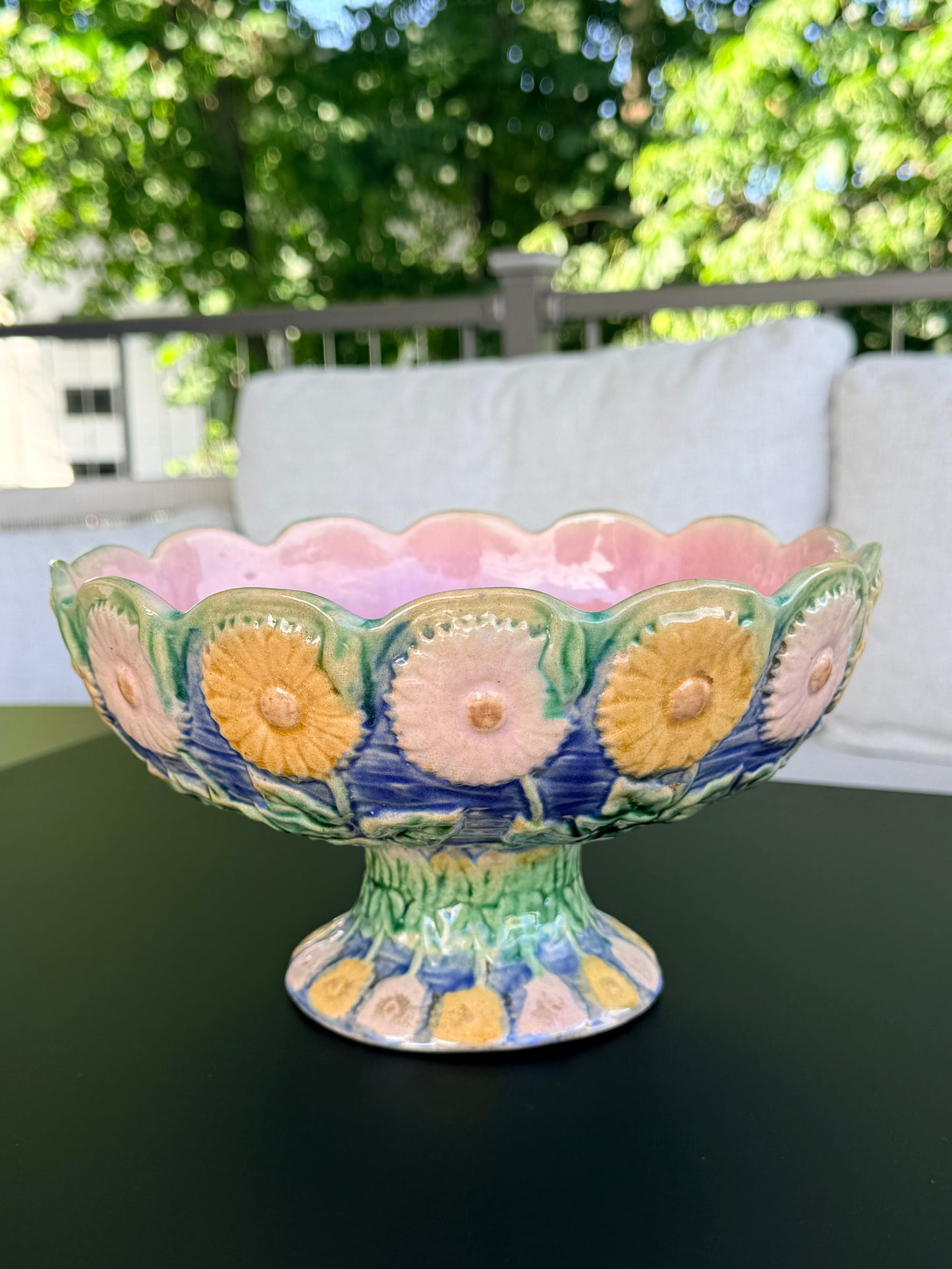 Majolica Ceramic Floral Compote Centerpiece, Griffin Smith