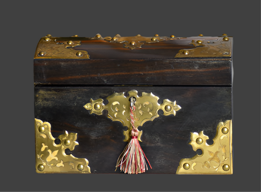 Antique Wood & Brass Ornate Box with Key