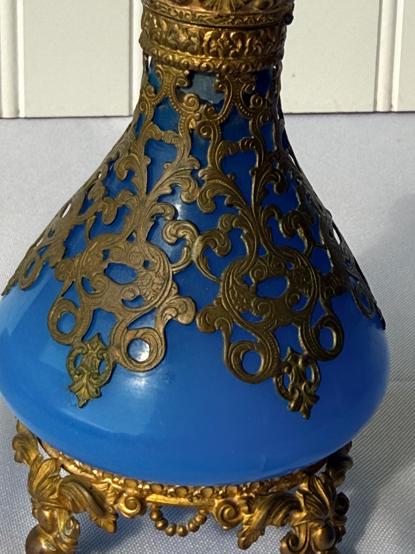 Antique French Royal Palais Blue Opaline Ormolu Glass Perfume Bottle