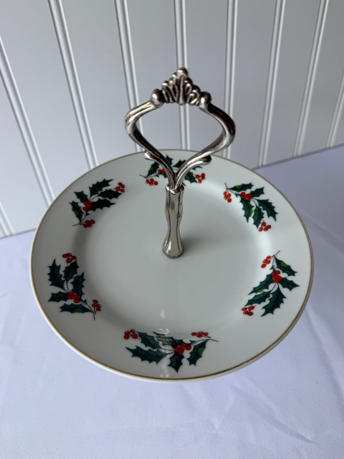 Vintage Christmas Holly Berry Pedestal Serving Plate Display