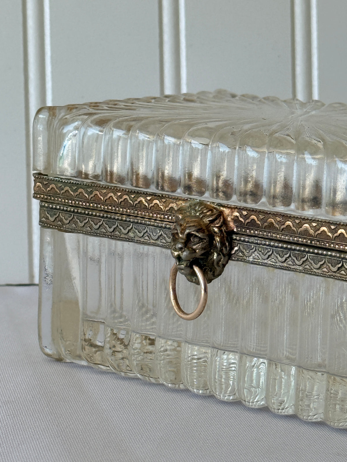 French Style Glass Casket Jewelry Box with Lion Face, 5”