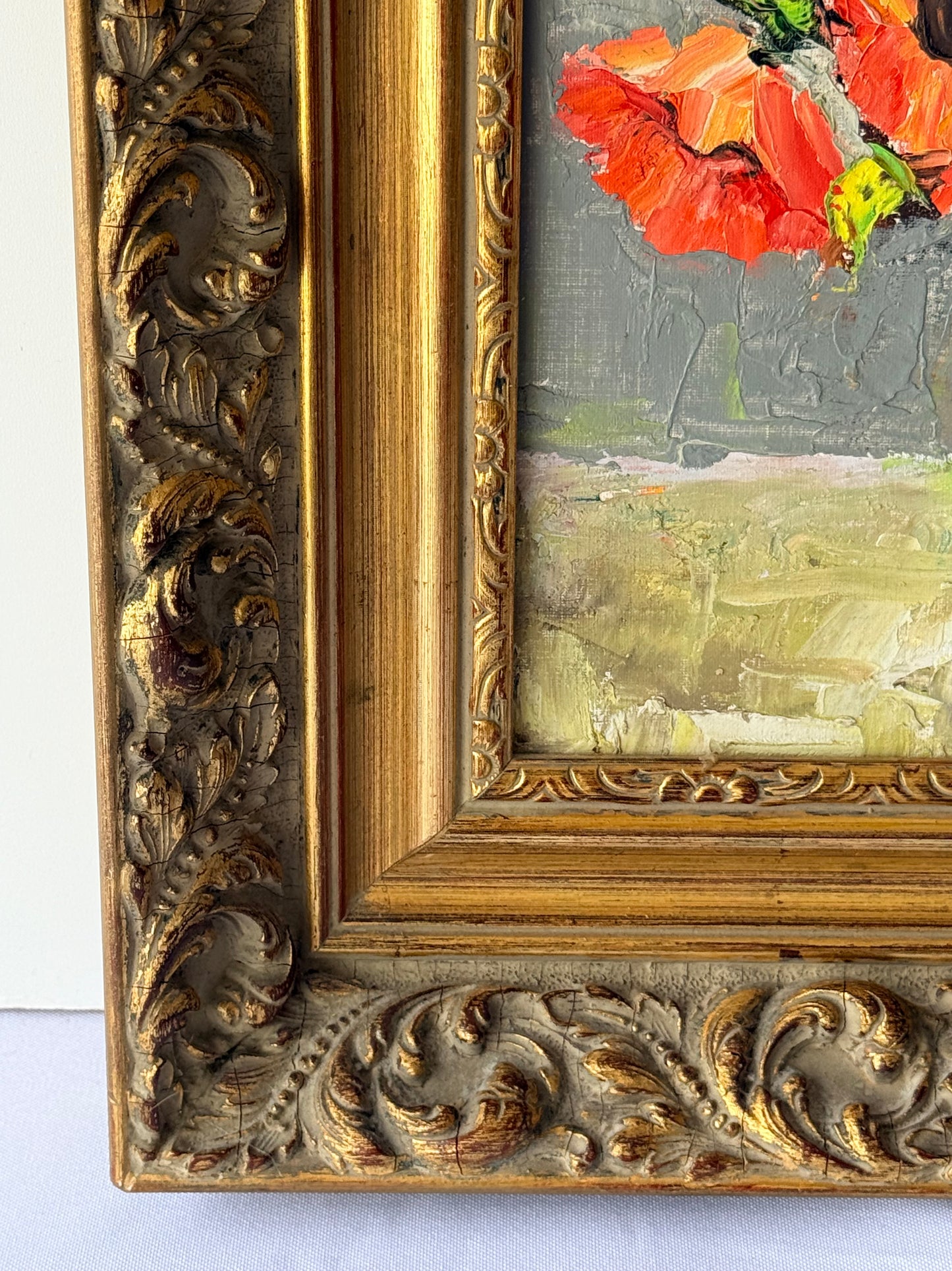 Red Floral Oil Painting, 18”