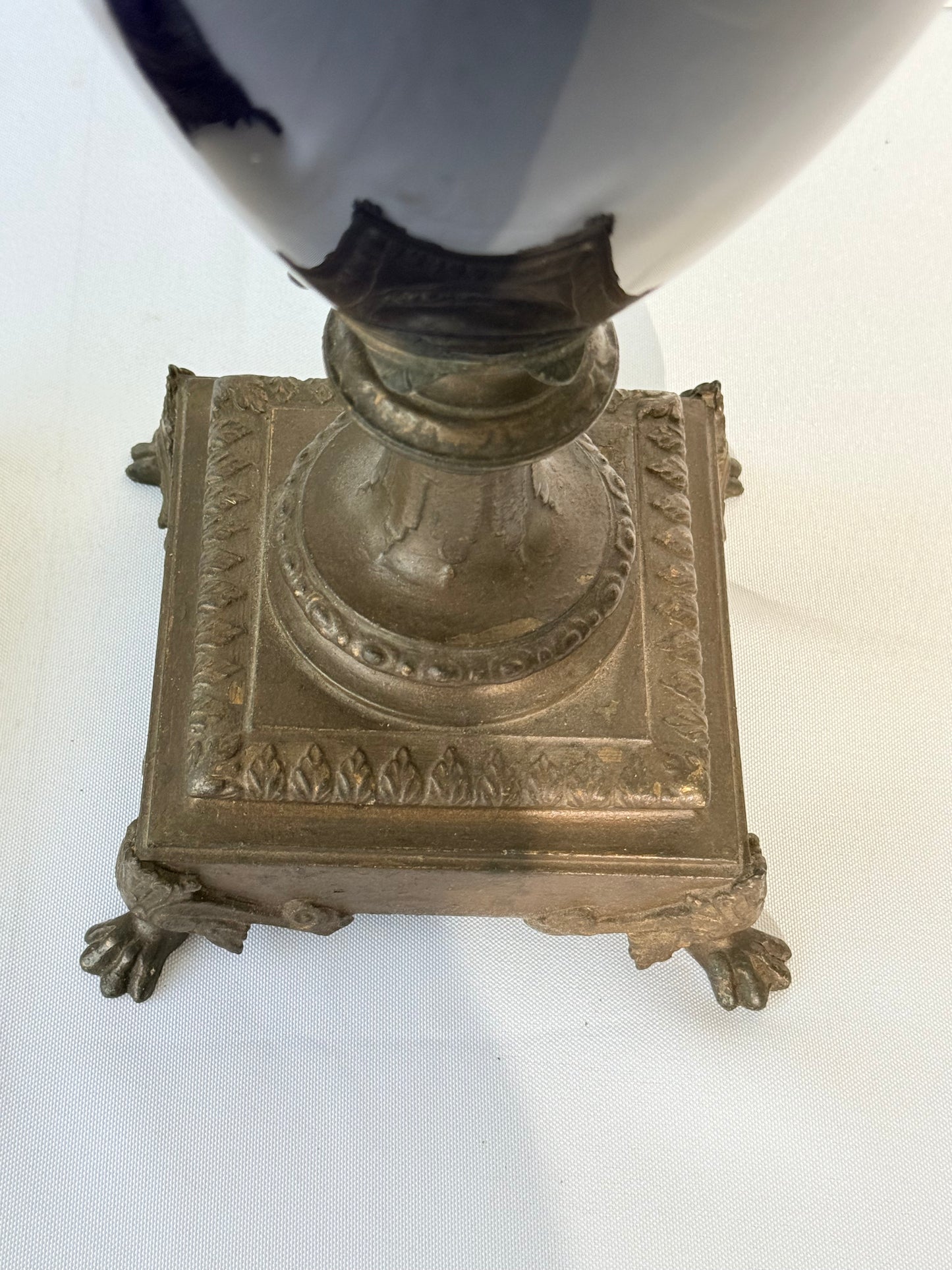 Neoclassical Cobalt Blue Urns on Footings with Bronze Faces, 14”