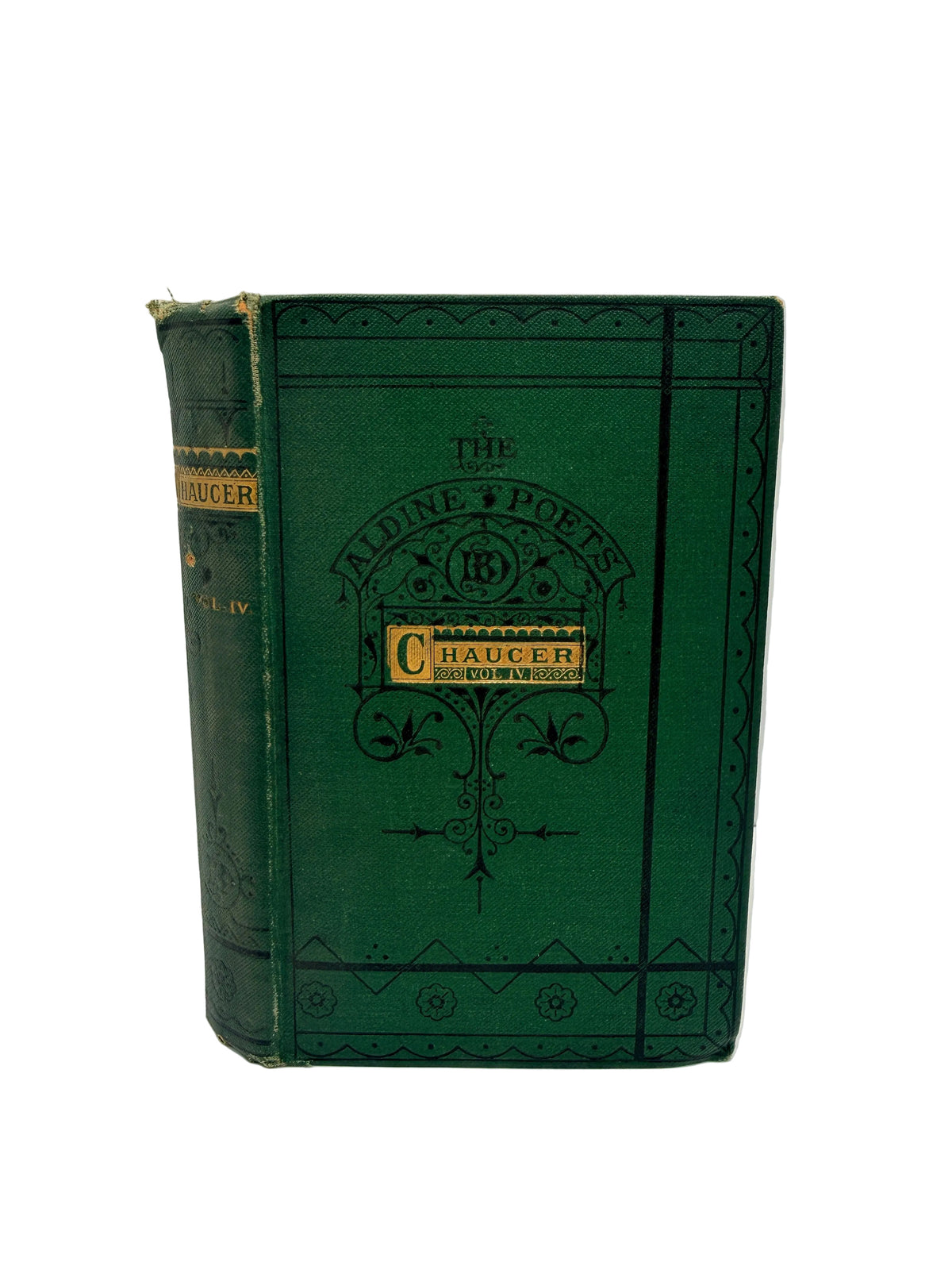 A vintage hardcover book titled 'The Aldine Poetry Collection: Chaucer' in dark green with gold lettering and decorative borders, standing upright against a plain light background.