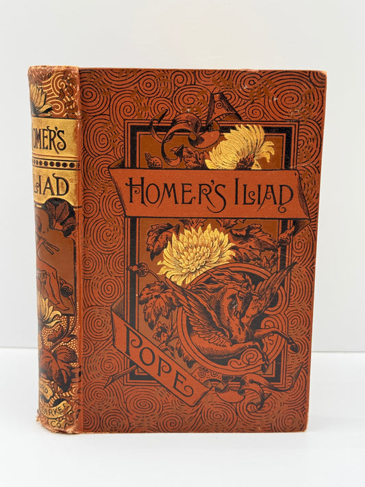 An antique book titled 'Homer's Island' by Pope, featuring a detailed brown and gold illustrated cover with a dragon and floral motifs, photographed against a plain white background.