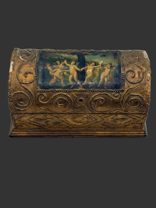 Antique Italian Renaissance Revival Gilt Toned Wood Casket Box with Dancing Putti
