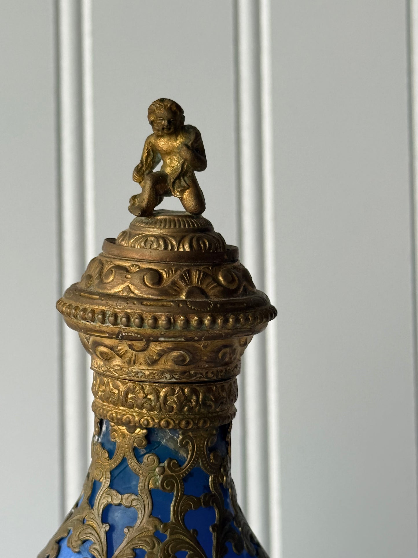 Antique French Royal Palais Blue Opaline Ormolu Glass Perfume Bottle