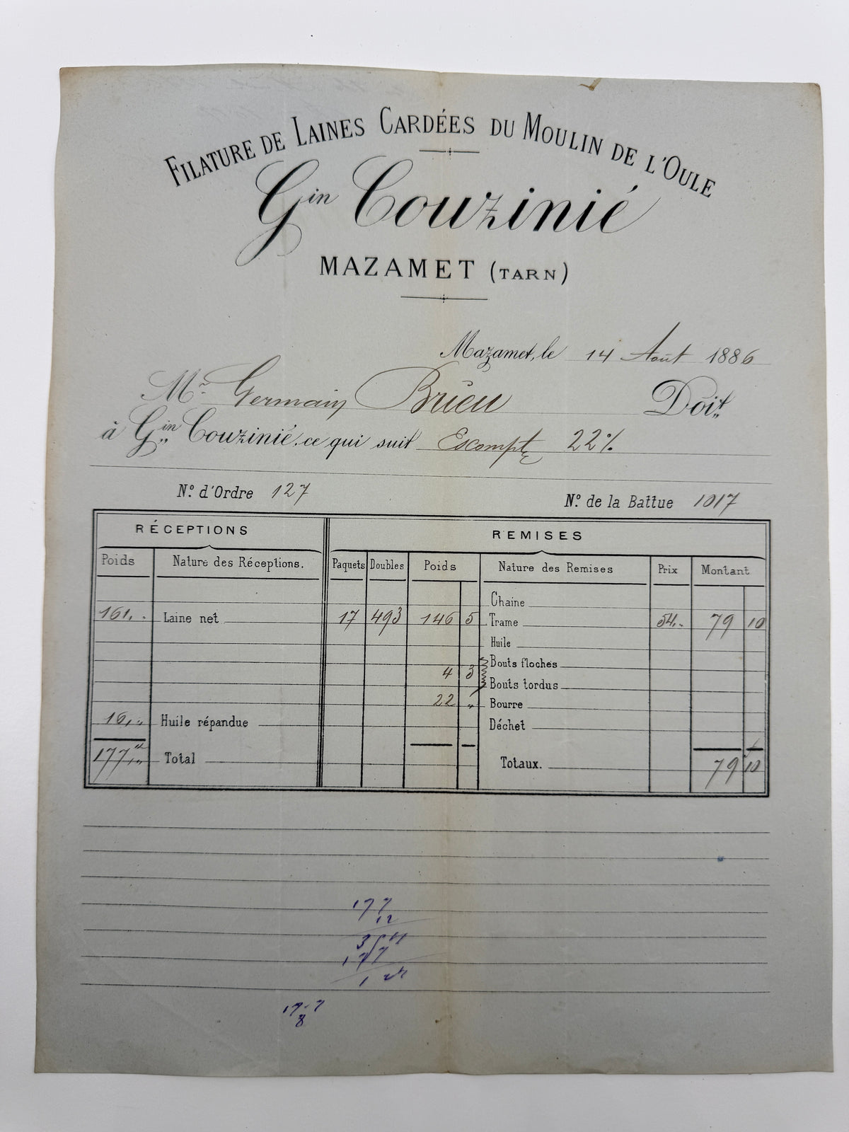French Antique Blue Tone Invoice, 1886