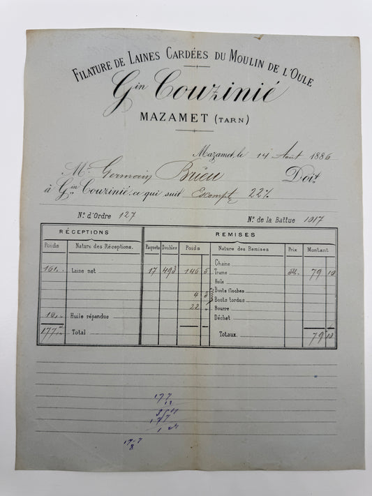 French Antique Blue Tone Invoice, 1886