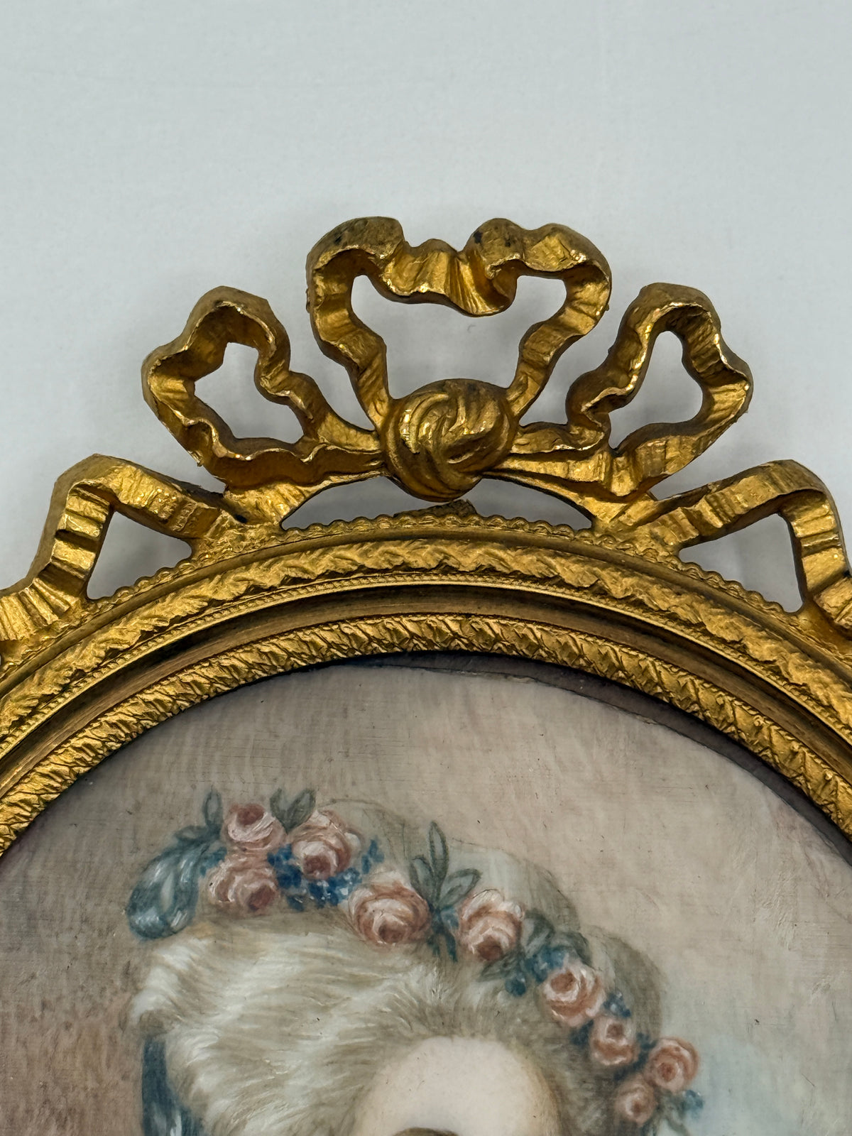 Miniature French Framed Female Portrait in Round Crowned Gold Frame, 3”