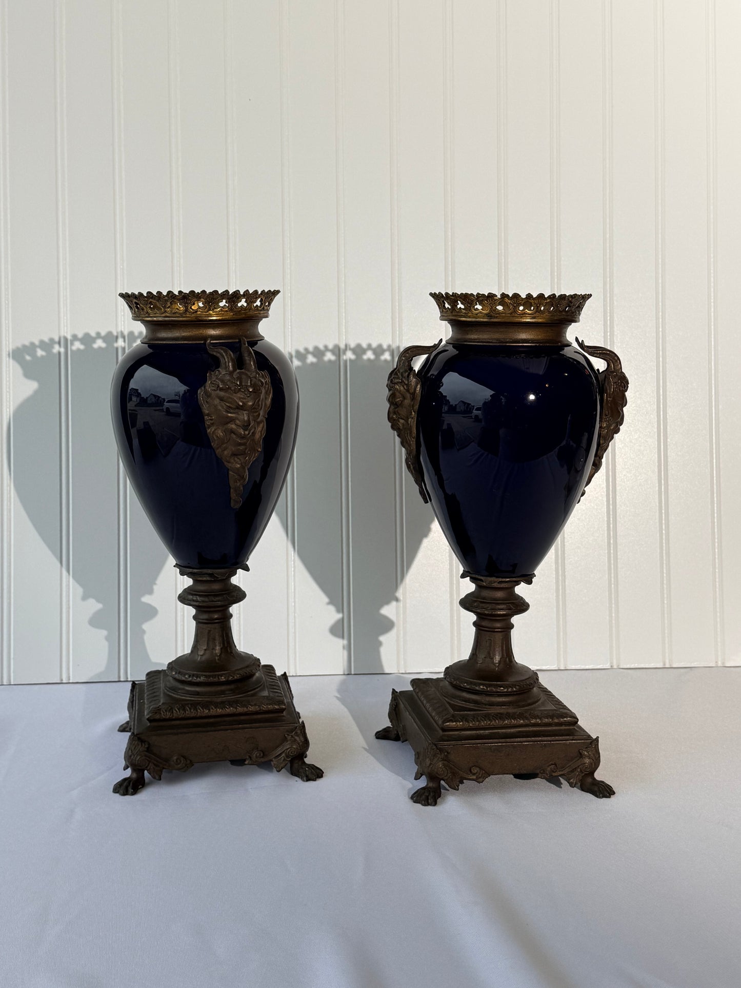 Neoclassical Cobalt Blue Urns on Footings with Bronze Faces, 14”