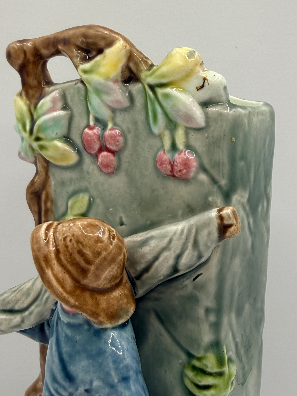 Majolica Statue Vase with Boy & Tree Scene, 10"