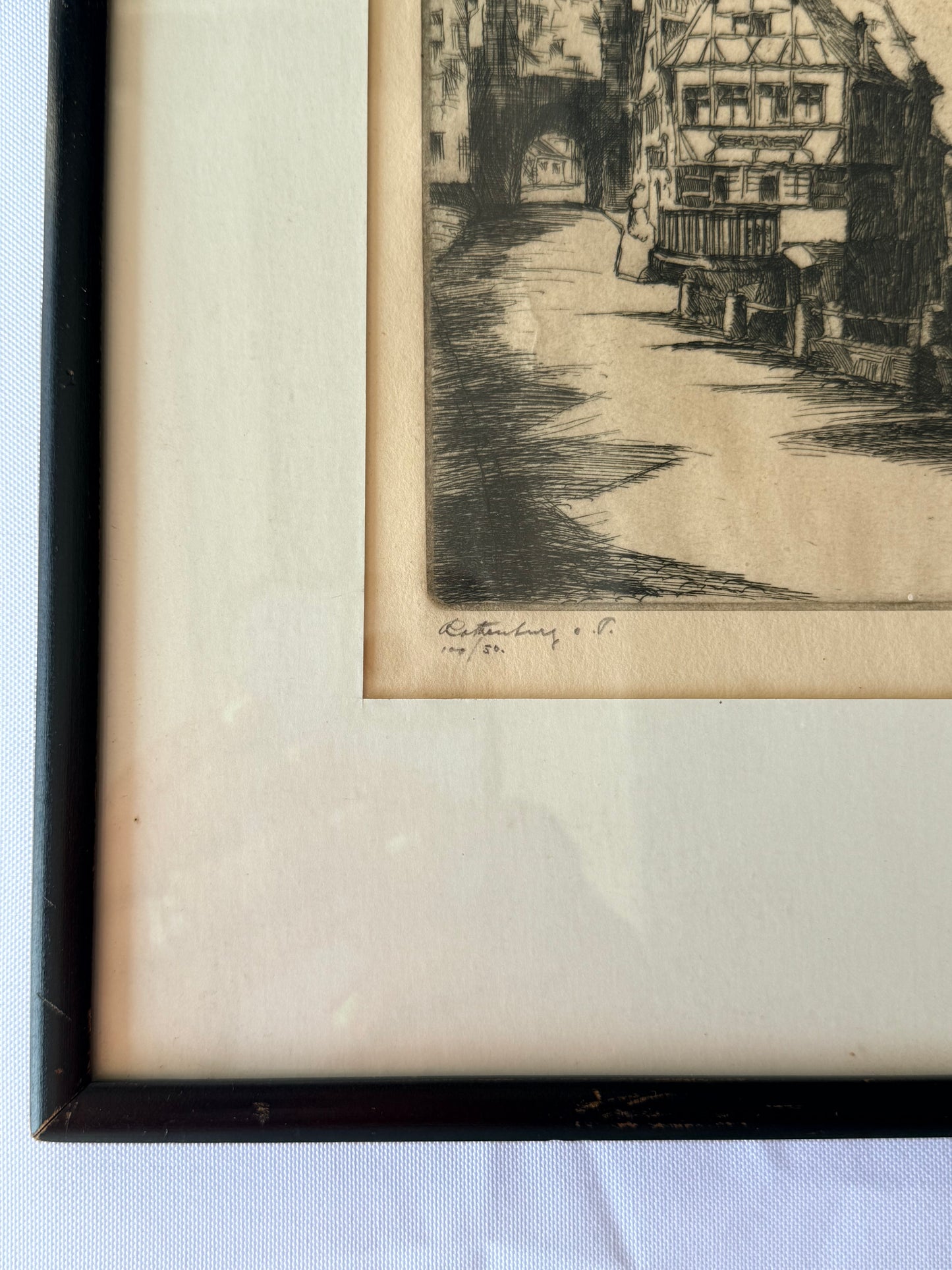 Rothenburg Marcus Tower Antique Etching, Germany, 12”