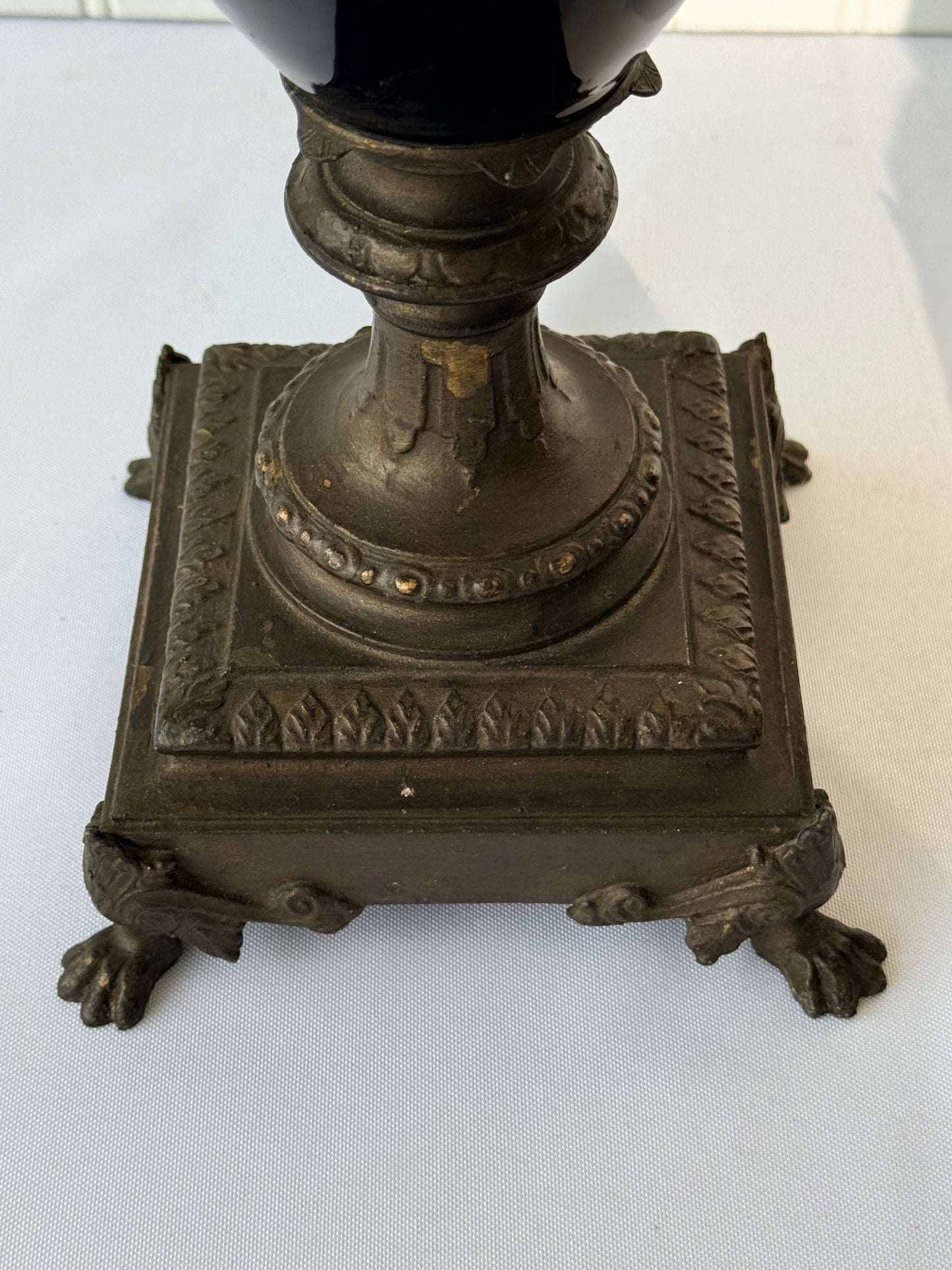 Neoclassical Cobalt Blue Urns on Footings with Bronze Faces, 14”