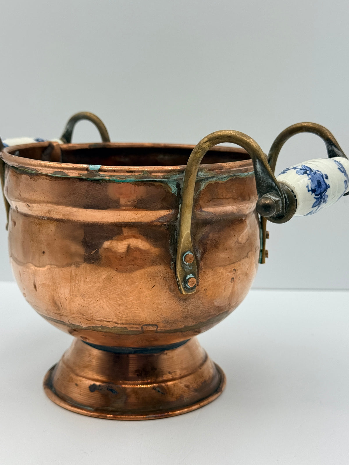 Small Copper Jardinere Planter with Delft Style Handles