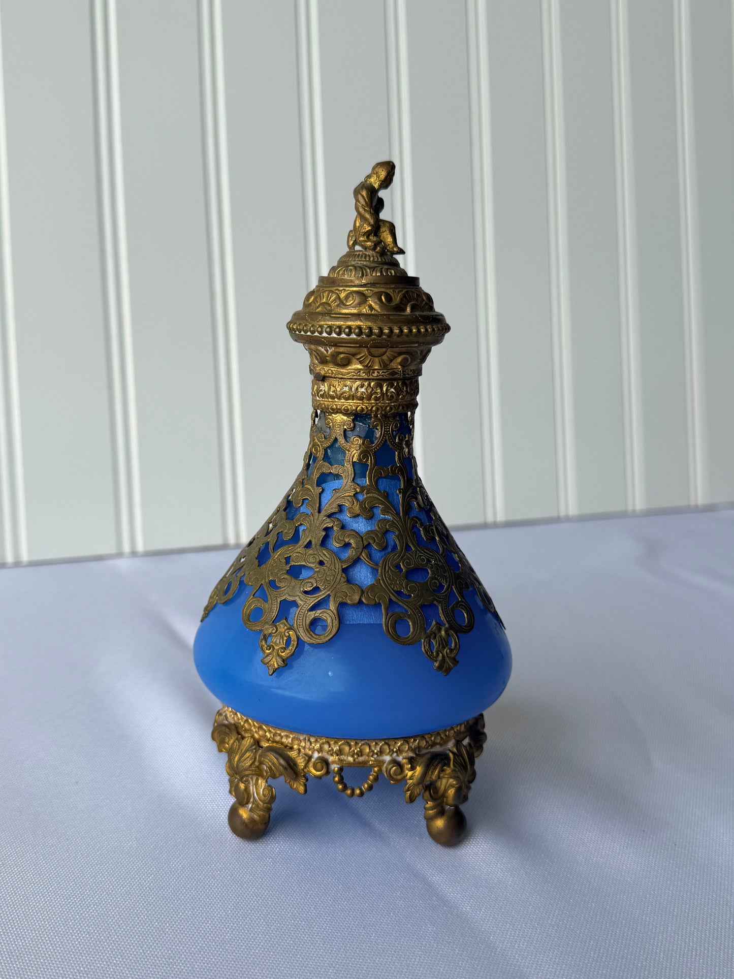 Antique French Royal Palais Blue Opaline Ormolu Glass Perfume Bottle