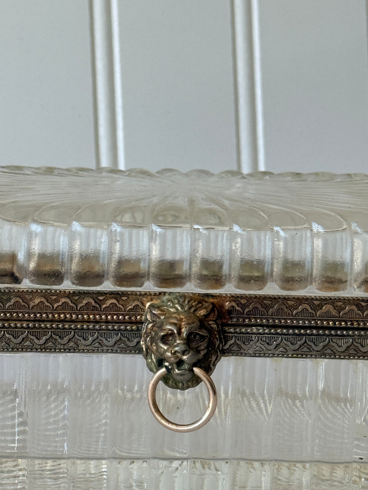 French Style Glass Casket Jewelry Box with Lion Face, 5”